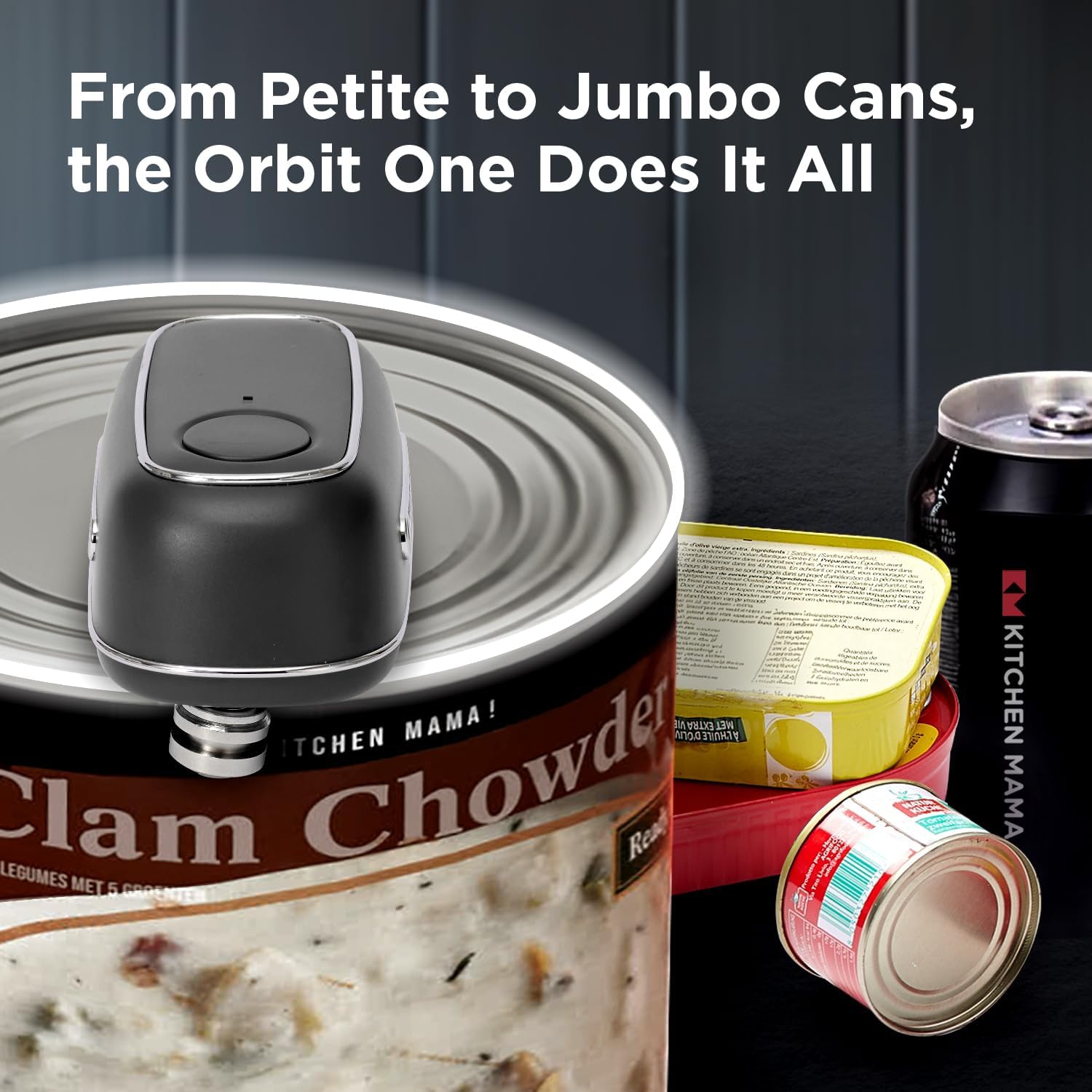 Kitchen Mama Orbit One Rechargeable Can Opener: Hands-Free Operation, Type-C Charging, Automatic Shut-Off, Smooth Edge, Professional-Grade Blade for