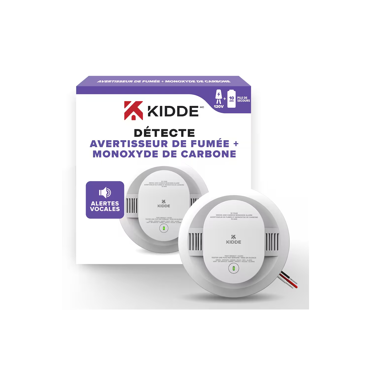 Nouveau – Détecteur de fumée et de monoxyde de carbone combiné câblé Kidde avec alerte vocale et pile de secours de 10 ans (30CUA10-VCA)