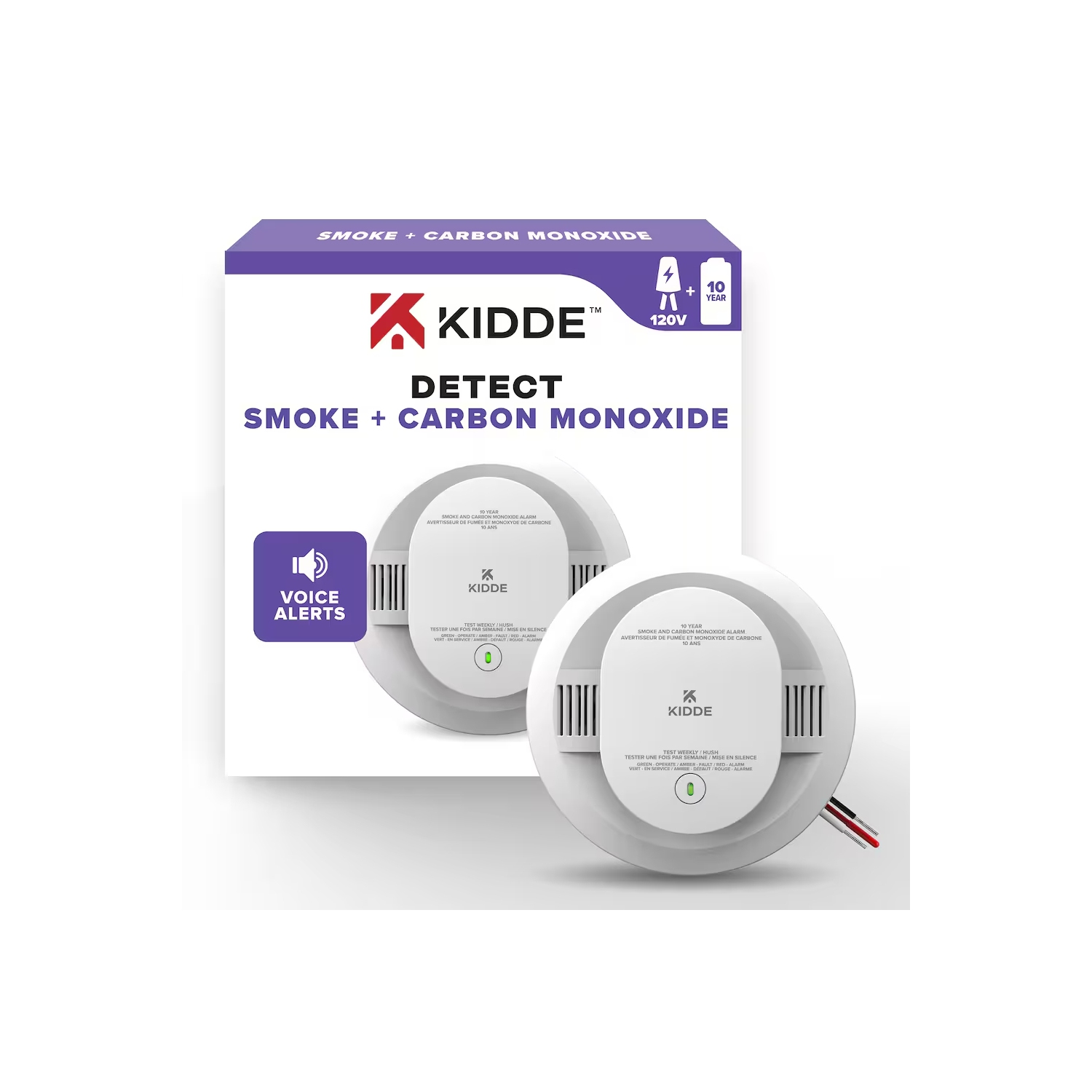 Nouveau – Détecteur de fumée et de monoxyde de carbone combiné câblé Kidde avec alerte vocale et pile de secours de 10 ans (30CUA10-VCA)