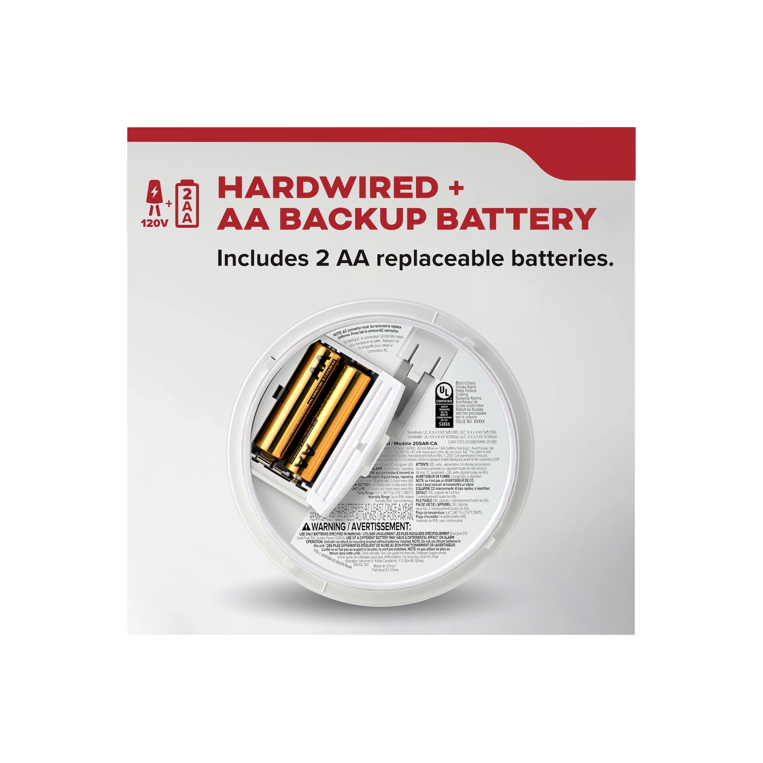 Nouveau – Détecteur de fumée câblé Kidde avec 2 piles AA de secours