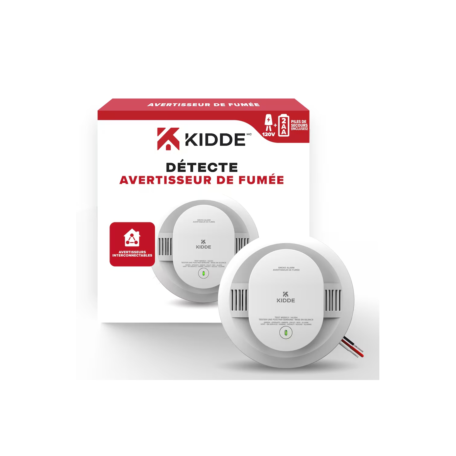 Nouveau – Détecteur de fumée câblé Kidde avec 2 piles AA de secours