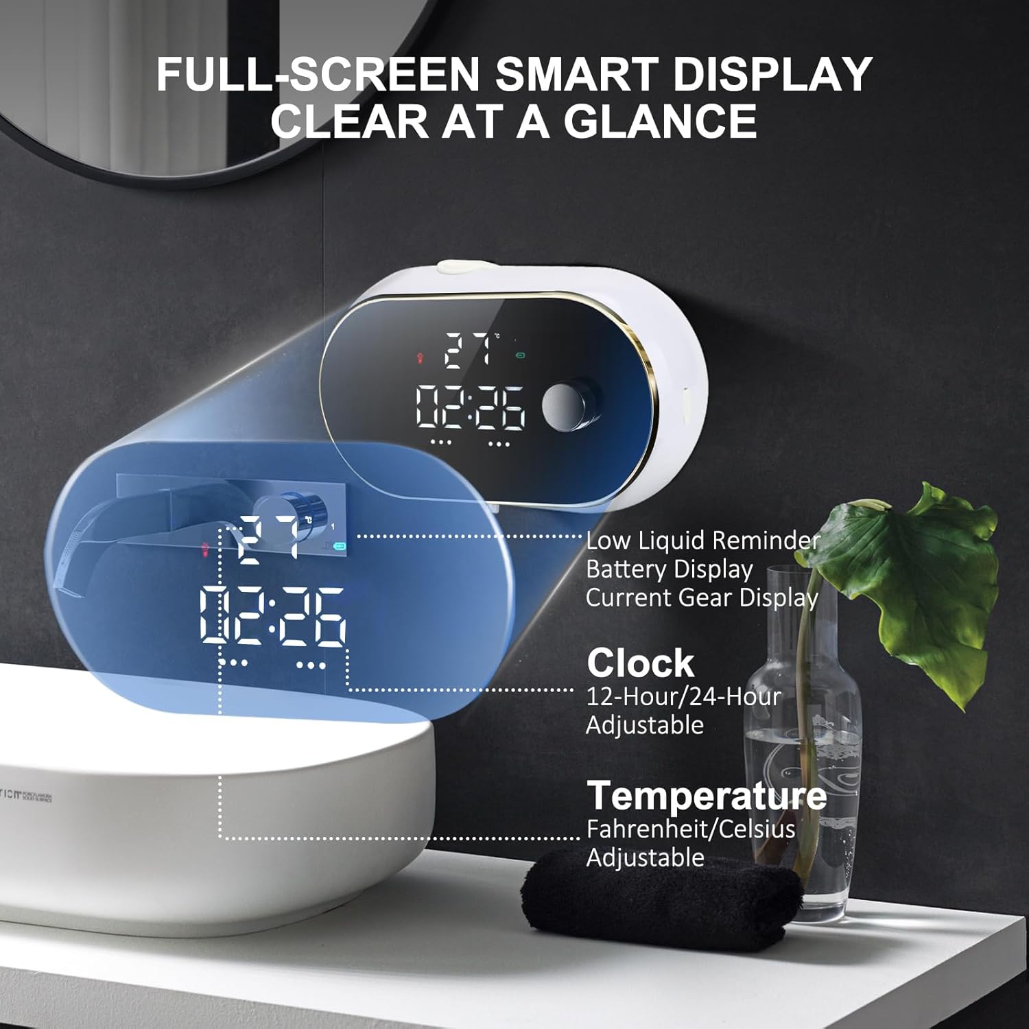 Automatic Soap Dispenser Foam Machine,Wall Mount Rechargeable Touchless Adjustable Auto Smart Electric Foaming Soap Dispenser with Clock for Kitchen