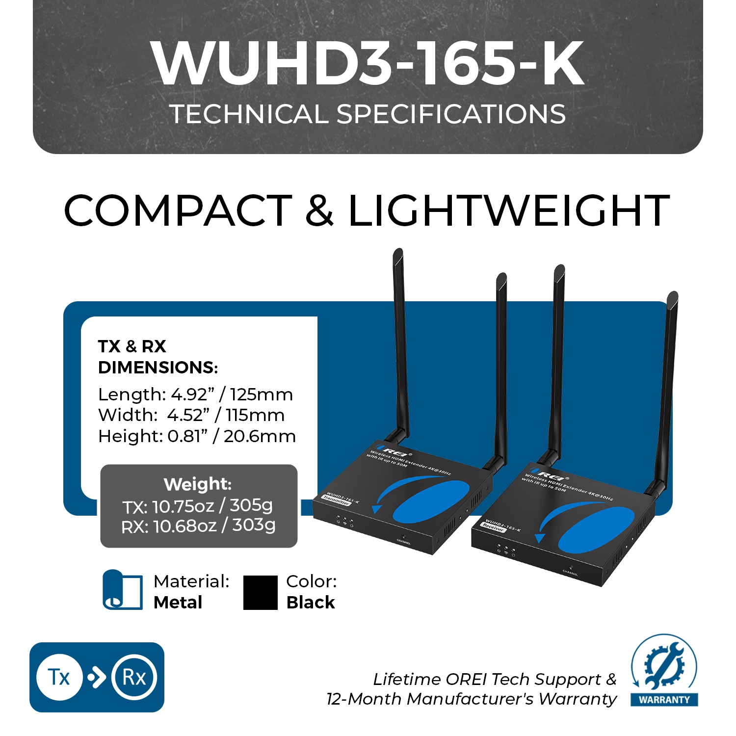 Prolongateur de portée HDMI sans fil 4K à 30 Hz d'OREI - 165&nbsp;pi (WUHD3-165-K)