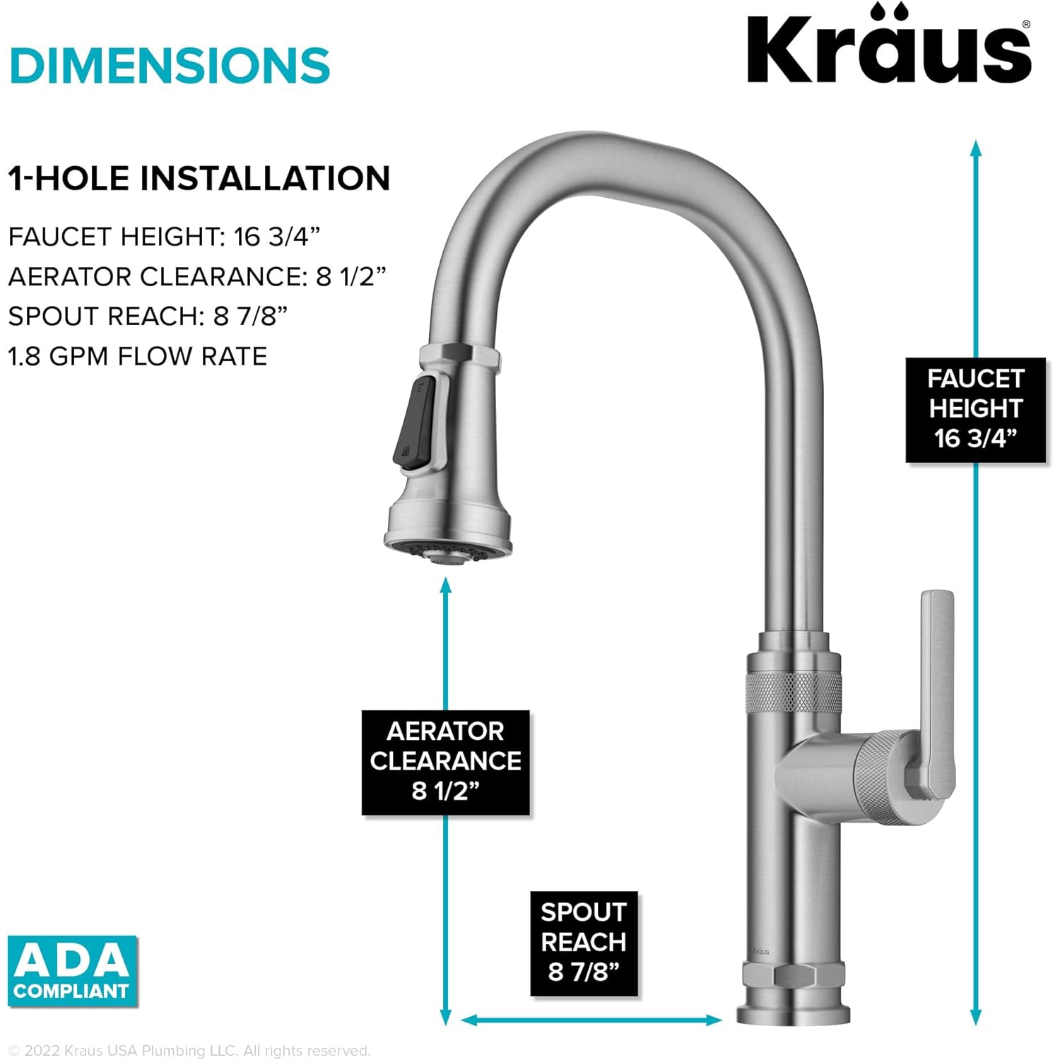KRAUS – Robinet de cuisine industriel à poignée simple Allyn, acier inoxydable sans taches, KPF-4102SFS