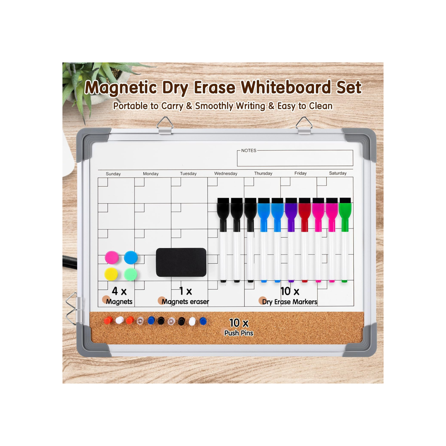 Monthly Calendar White Board Dry Erase Cork Board Combination for Wall, 17''x13'' Double-Sided Magnetic Dry Erase Board, Portable Calendar Bulletin