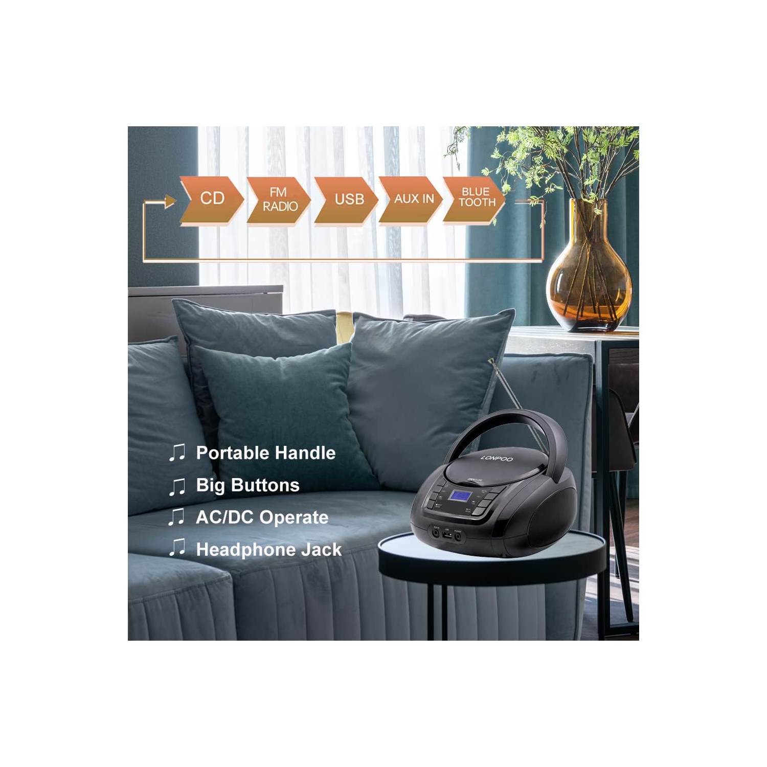 Minichaîne portative à lecteur CD de LONPOO avec Bluetooth, radio FM, USB, entrée auxiliaire, son stéréo et sortie pour écouteurs – Noir