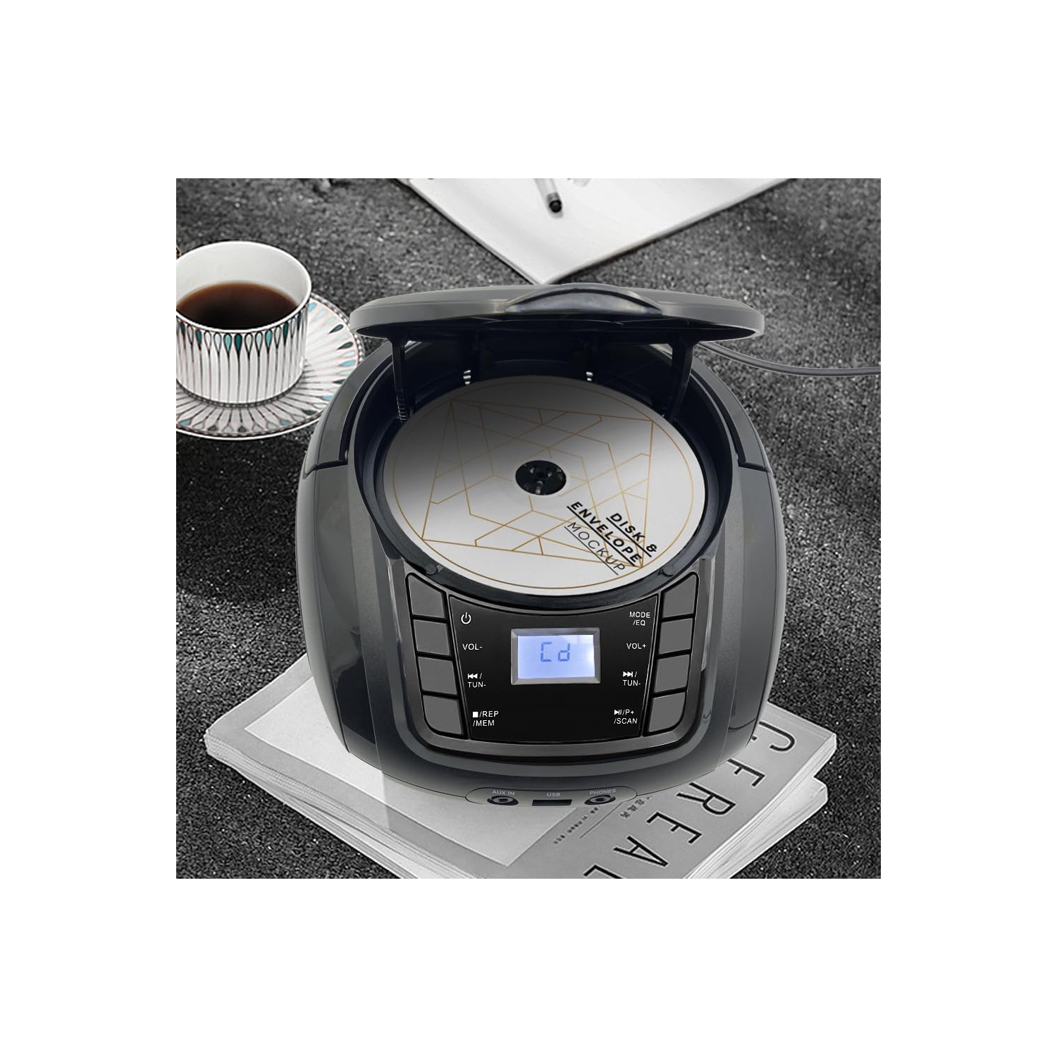 Minichaîne portative à lecteur CD de LONPOO avec Bluetooth, radio FM, USB, entrée auxiliaire, son stéréo et sortie pour écouteurs – Noir