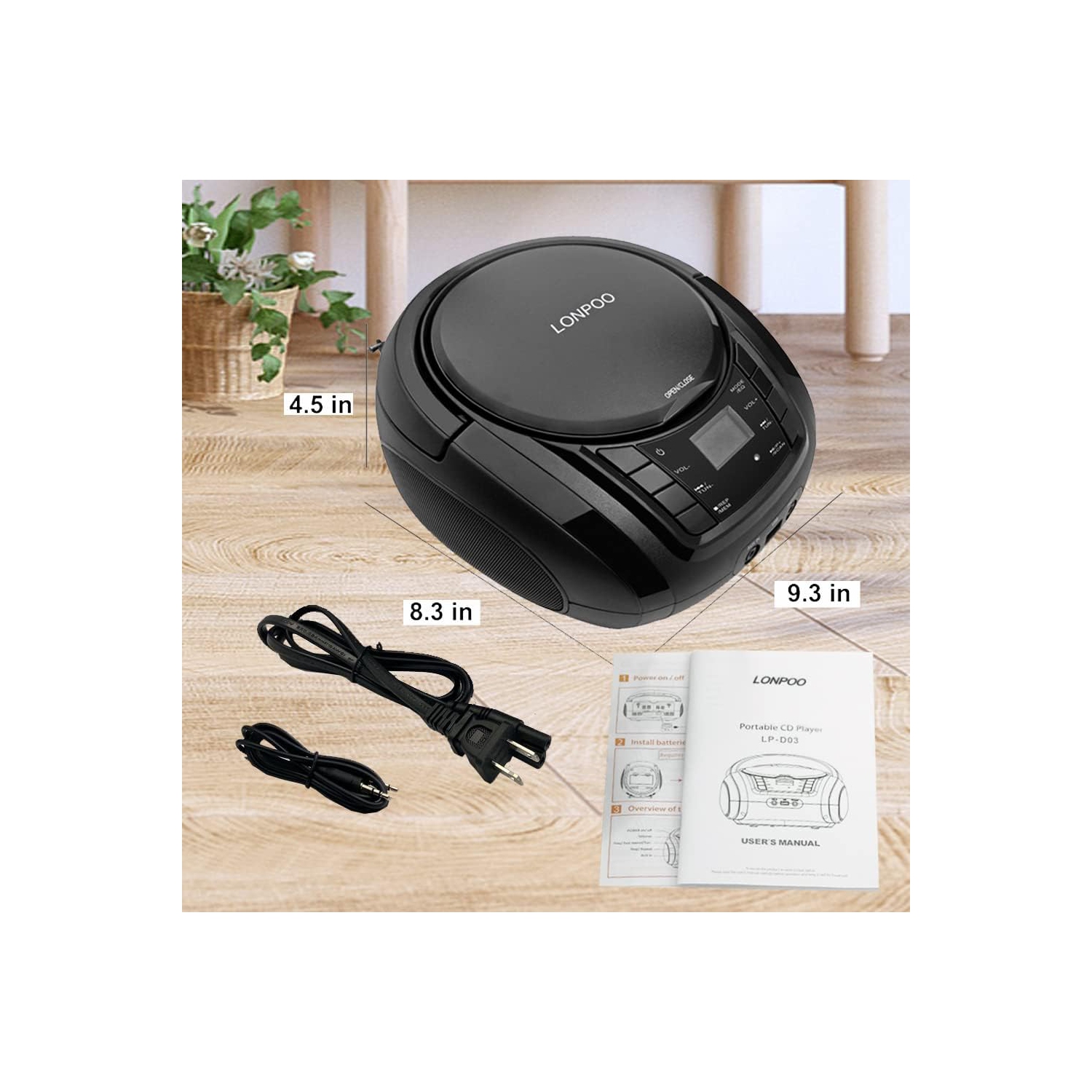 Minichaîne portative à lecteur CD de LONPOO avec Bluetooth, radio FM, USB, entrée auxiliaire, son stéréo et sortie pour écouteurs – Noir