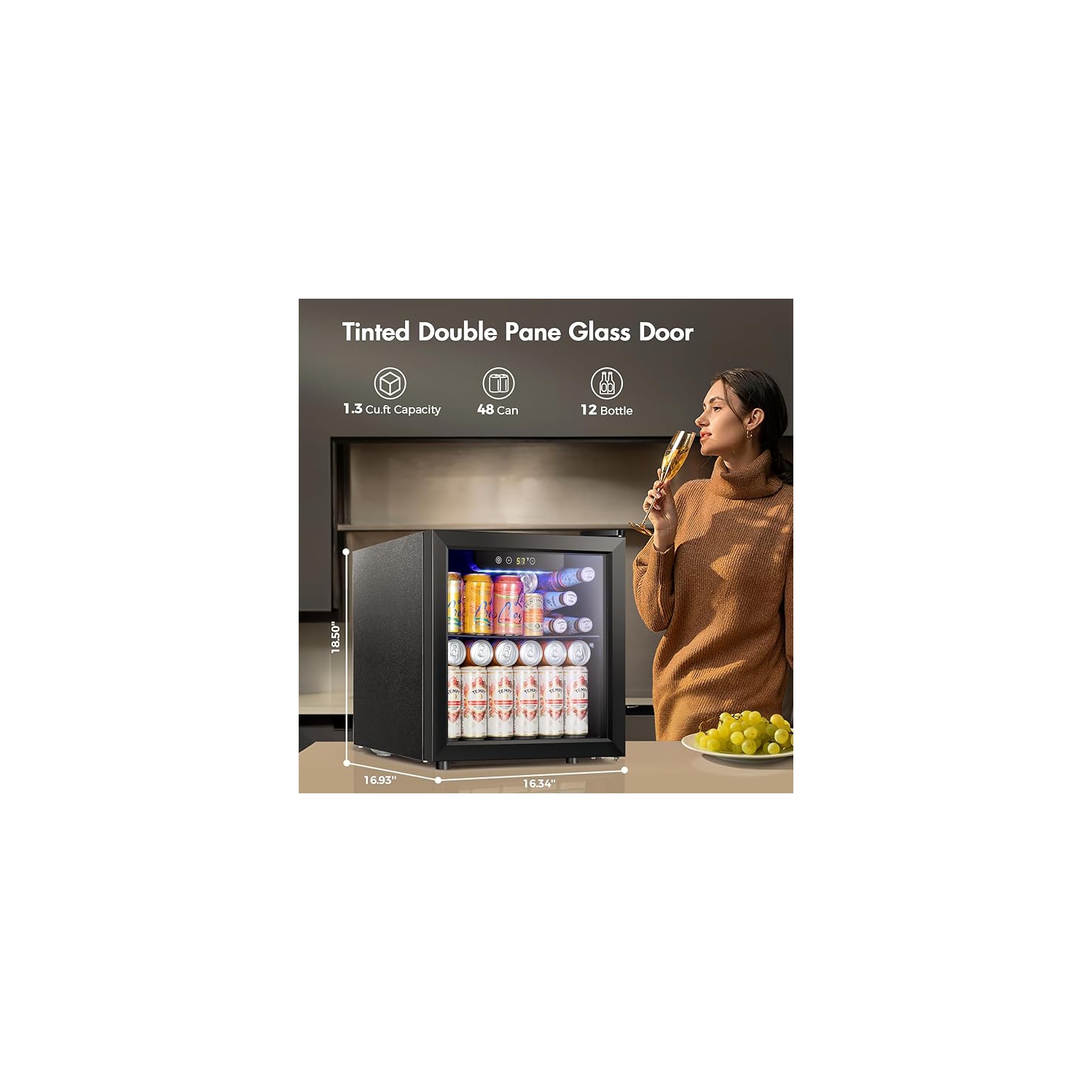 Kismile 1.3 Cu.ft Beverage Refrigerator and Cooler, 12 Bottle 48 Can Mini Fridge Glass Door, Small Drink Dispenser Cooler for Home, Office, Bar -