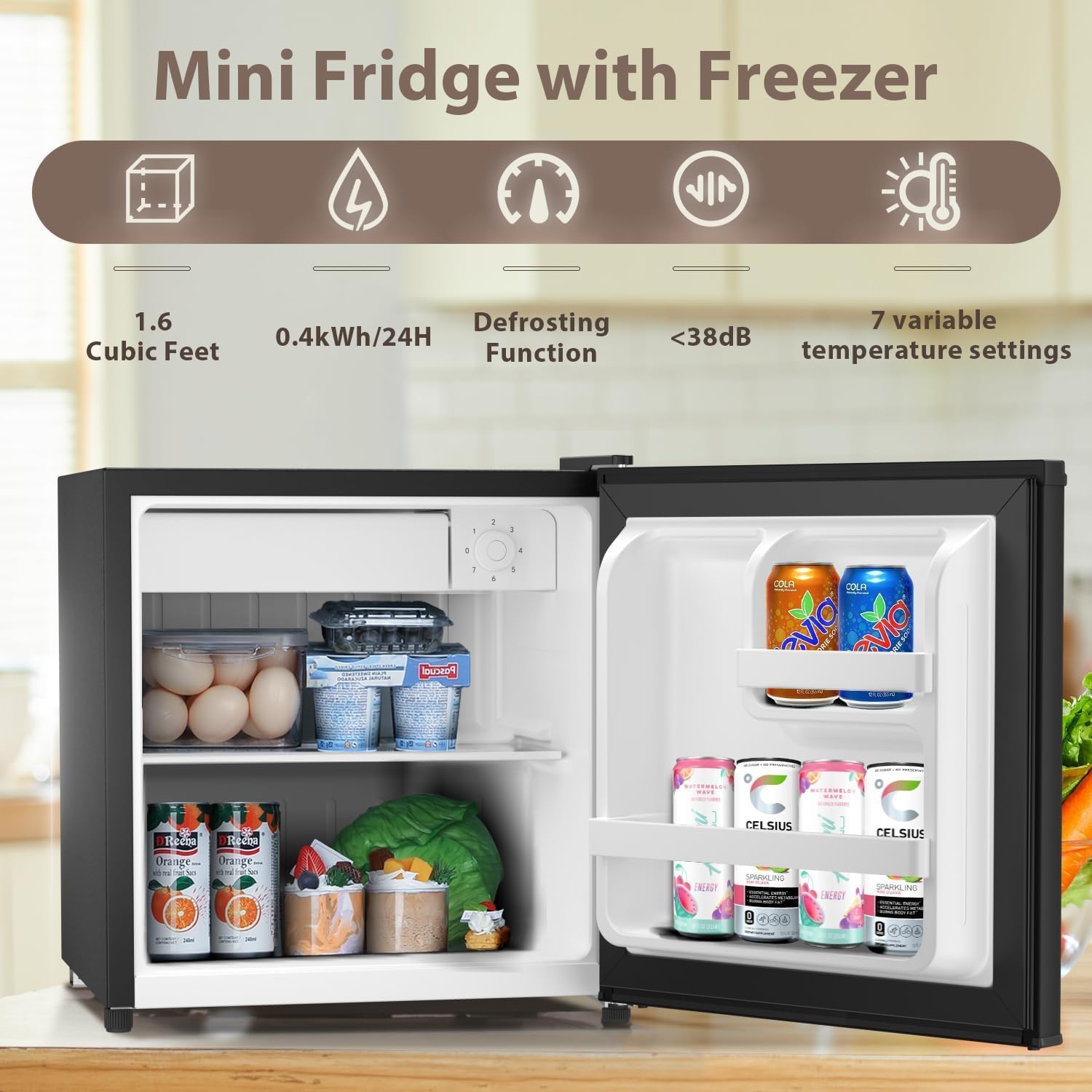 Kismile Mini Fridge with Freezer, 1.6 Cu.ft Compact Refrigerators with Removable Shelves, Reversible Single Door Small Fridge for Apartment, Home,