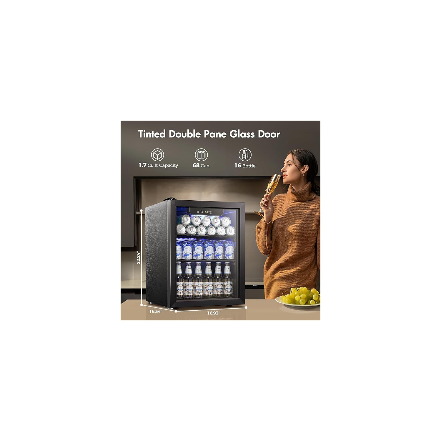 Kismile 1.7 Cu.ft Beverage Refrigerator and Cooler, 68 Can Mini Fridge Glass Door, Digital Temperature Display for Soda, Beer or Wine, for Home,