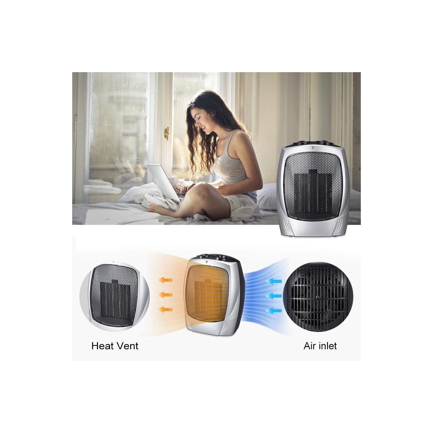 Kismile Small Space Heater Electric Portable Heater Fan for Home and Office Ceramic Fan Heaters with Adjustable Thermostat, 750W/1500W, 8.1 Inch -