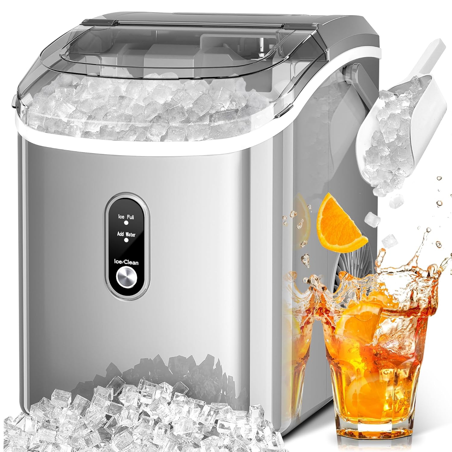 Kismile Nugget Ice Makers Countertop, Portable Sonic, 35Lbs/24H, Pebble Ice Maker with Self-Cleaning/One-Click Operation, Crushed Ice Maker for Home