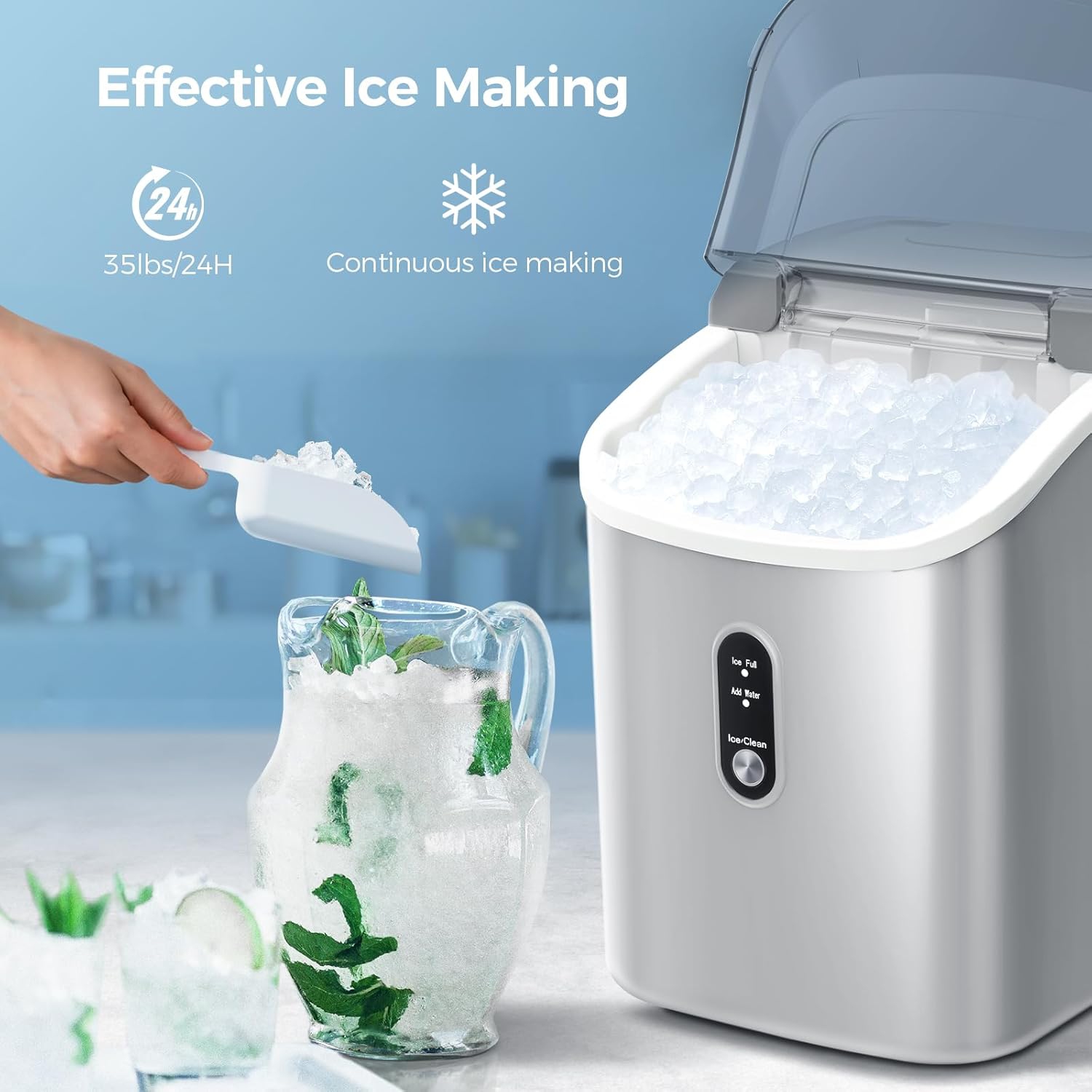Kismile Nugget Ice Makers Countertop, Portable Sonic, 35Lbs/24H, Pebble Ice Maker with Self-Cleaning/One-Click Operation, Crushed Ice Maker for Home