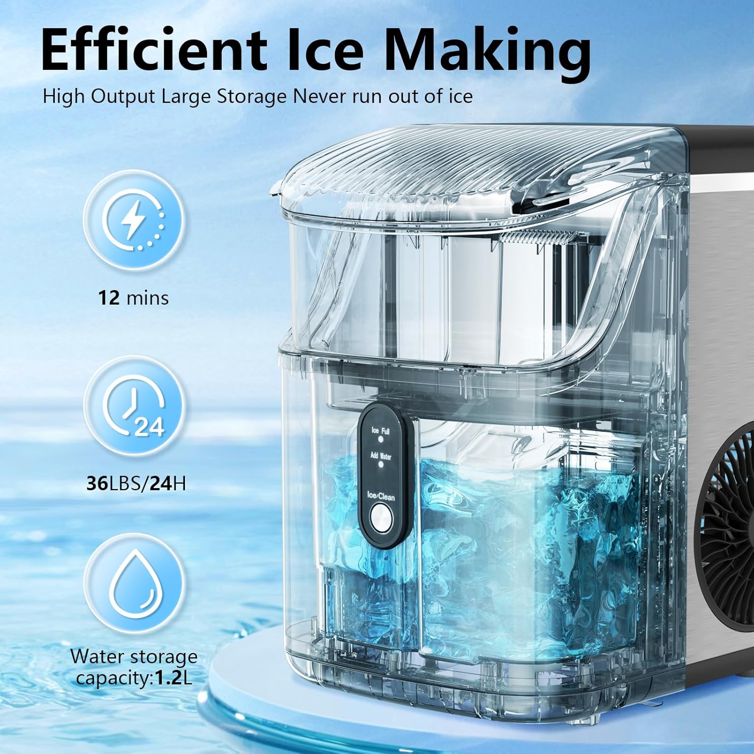 Kismile Nugget Ice Makers Countertop, Portable Ice Maker Machine with Crushed Ice, 35lbs/Day, Self-Cleaning Countertop Ice Machine - Stainless Steels