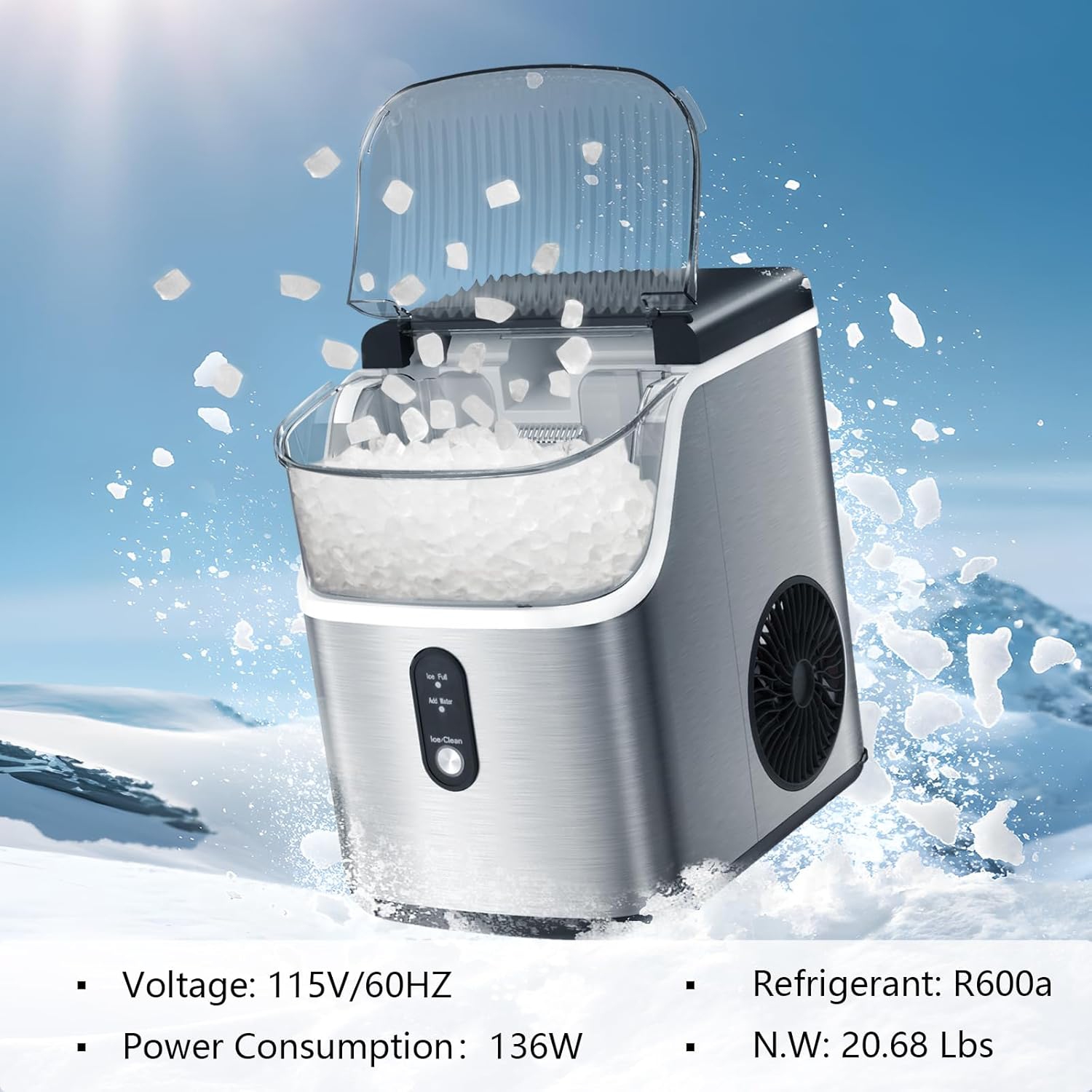 Kismile Nugget Ice Makers Countertop, Portable Ice Maker Machine with Crushed Ice, 35lbs/Day, Self-Cleaning Countertop Ice Machine - Stainless Steels