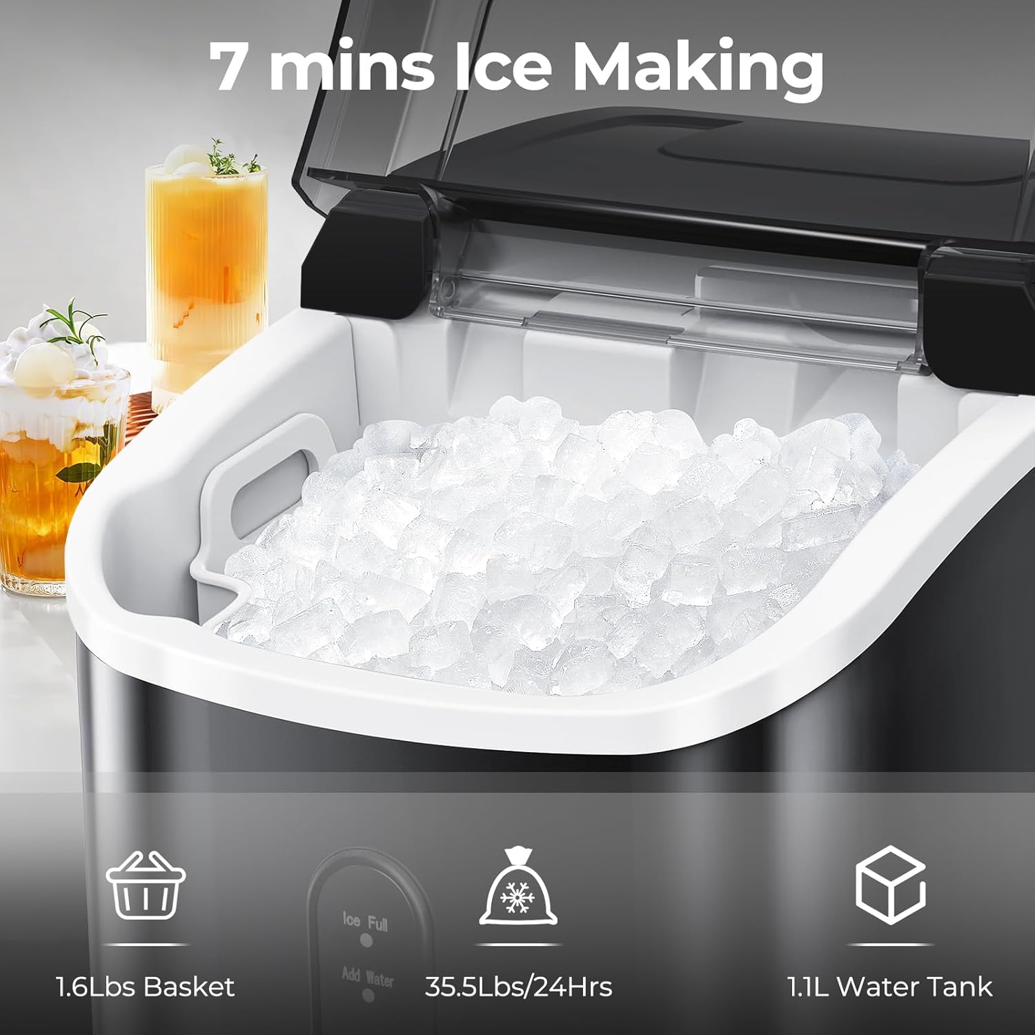 Kismile Nugget Ice Makers Countertop, Portable Sonic, 35Lbs/24H, Pebble Ice Maker with Self-Cleaning/One-Click Operation, Crushed Ice Maker for Home