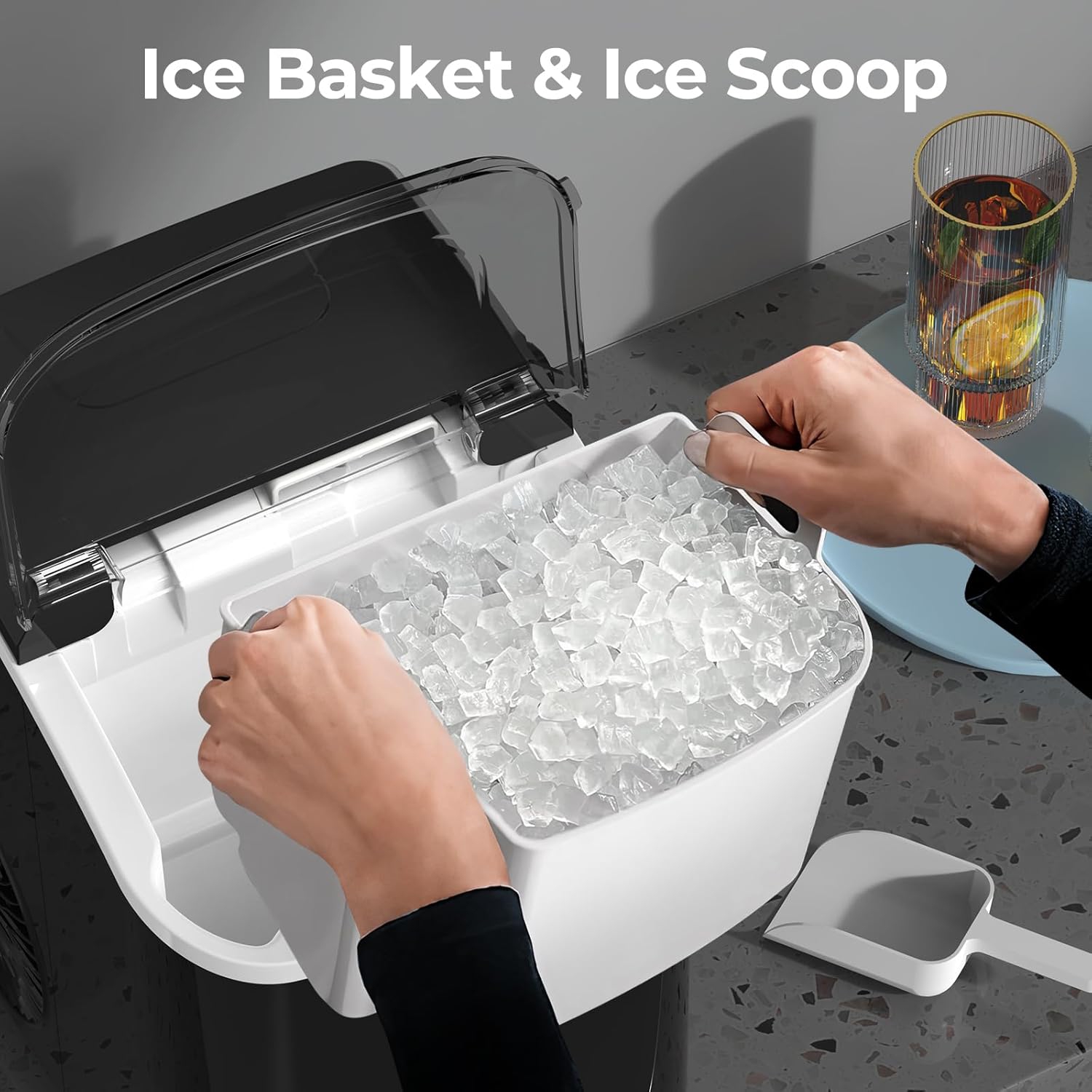 Kismile Nugget Ice Makers Countertop, Portable Sonic, 35Lbs/24H, Pebble Ice Maker with Self-Cleaning/One-Click Operation, Crushed Ice Maker for Home
