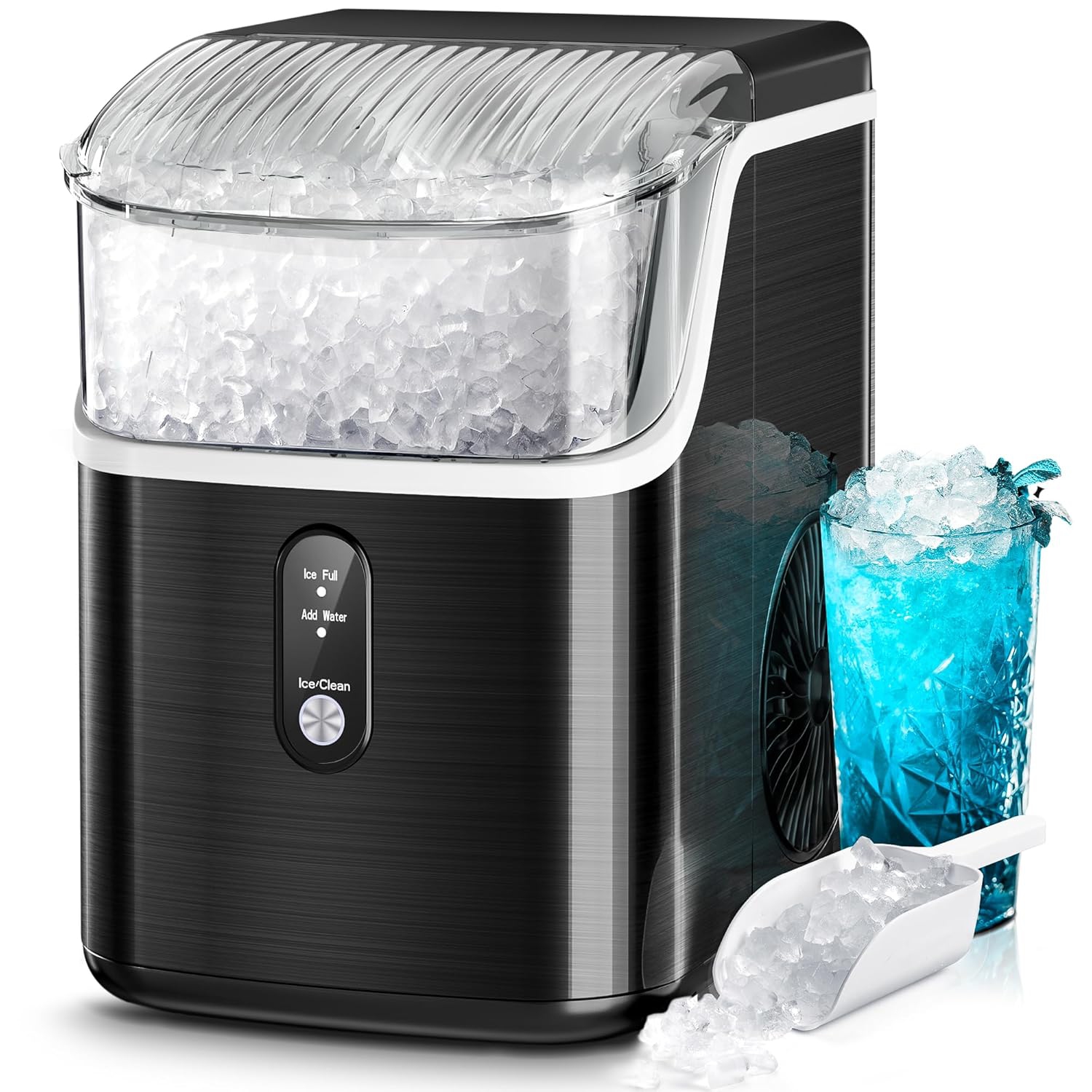 Kismile Nugget Ice Makers Countertop, Portable Ice Maker Machine with Crushed Ice, 35lbs/Day, Self-Cleaning Countertop Ice Machine - Stainless Steels