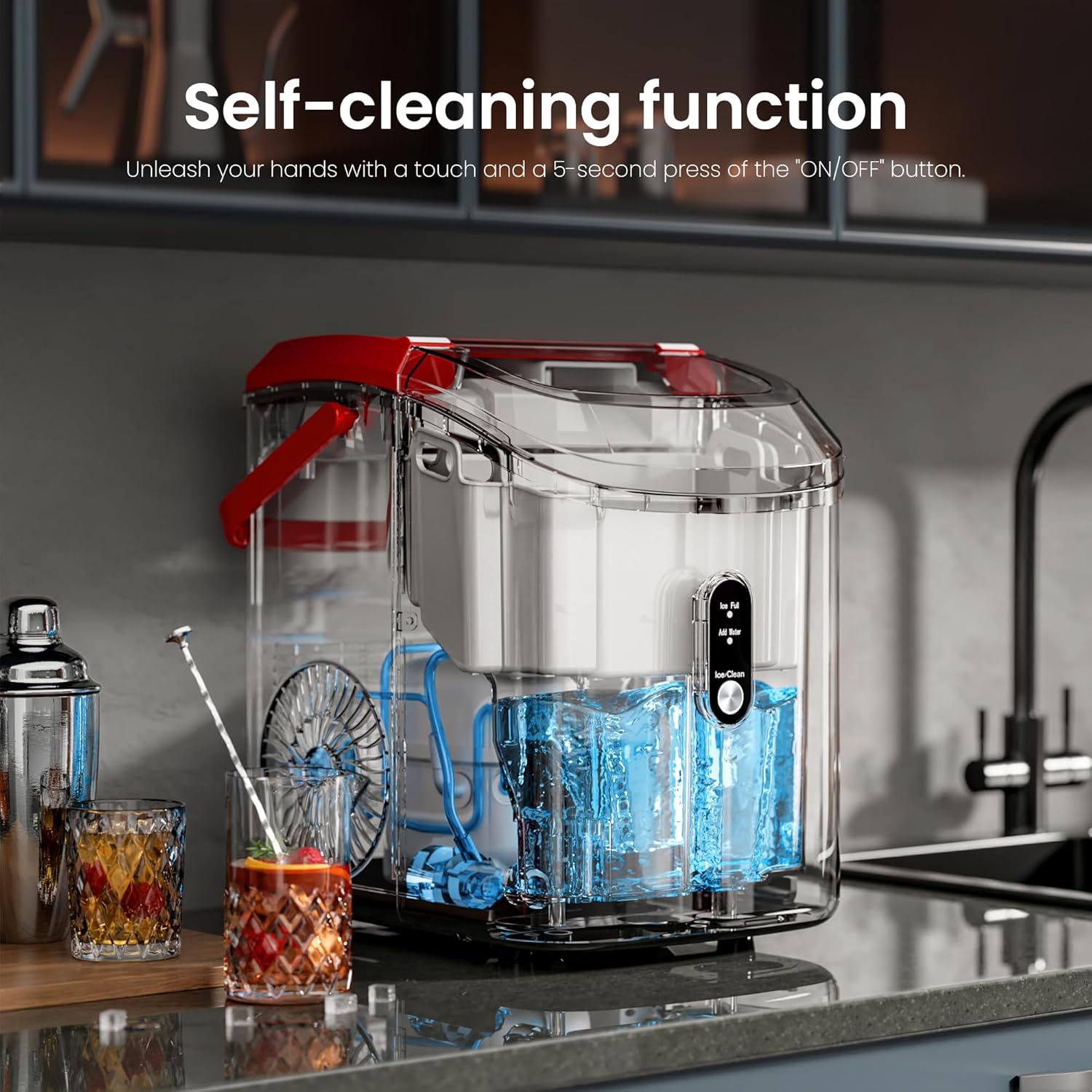 Kismile Nugget Ice Makers Countertop, Portable Sonic, 35Lbs/24H, Pebble Ice Maker with Self-Cleaning/One-Click Operation, Crushed Ice Maker for Home