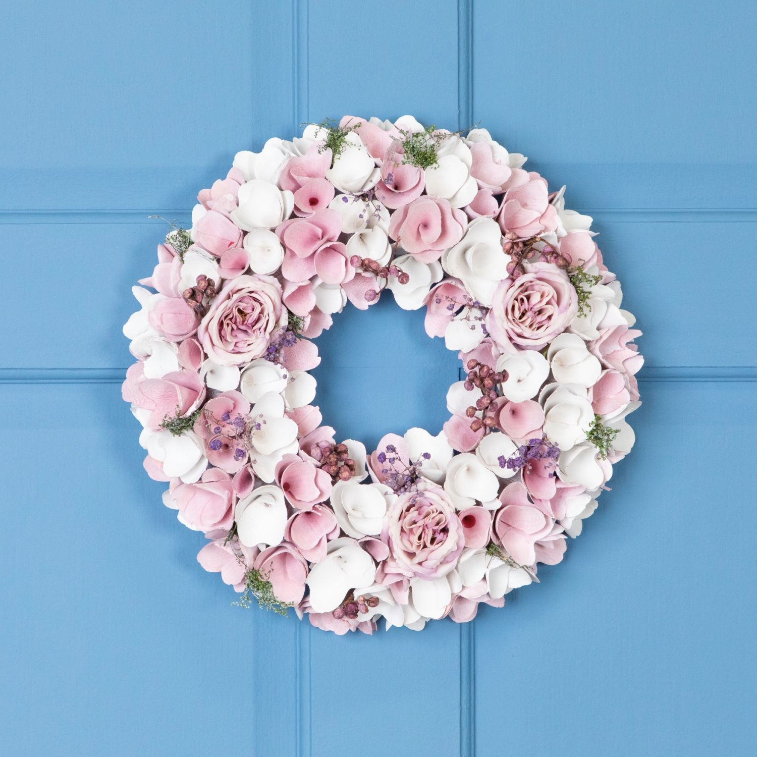 Wooden Floral Artificial Spring Wreath with Berries - 13.5" - Pink and White