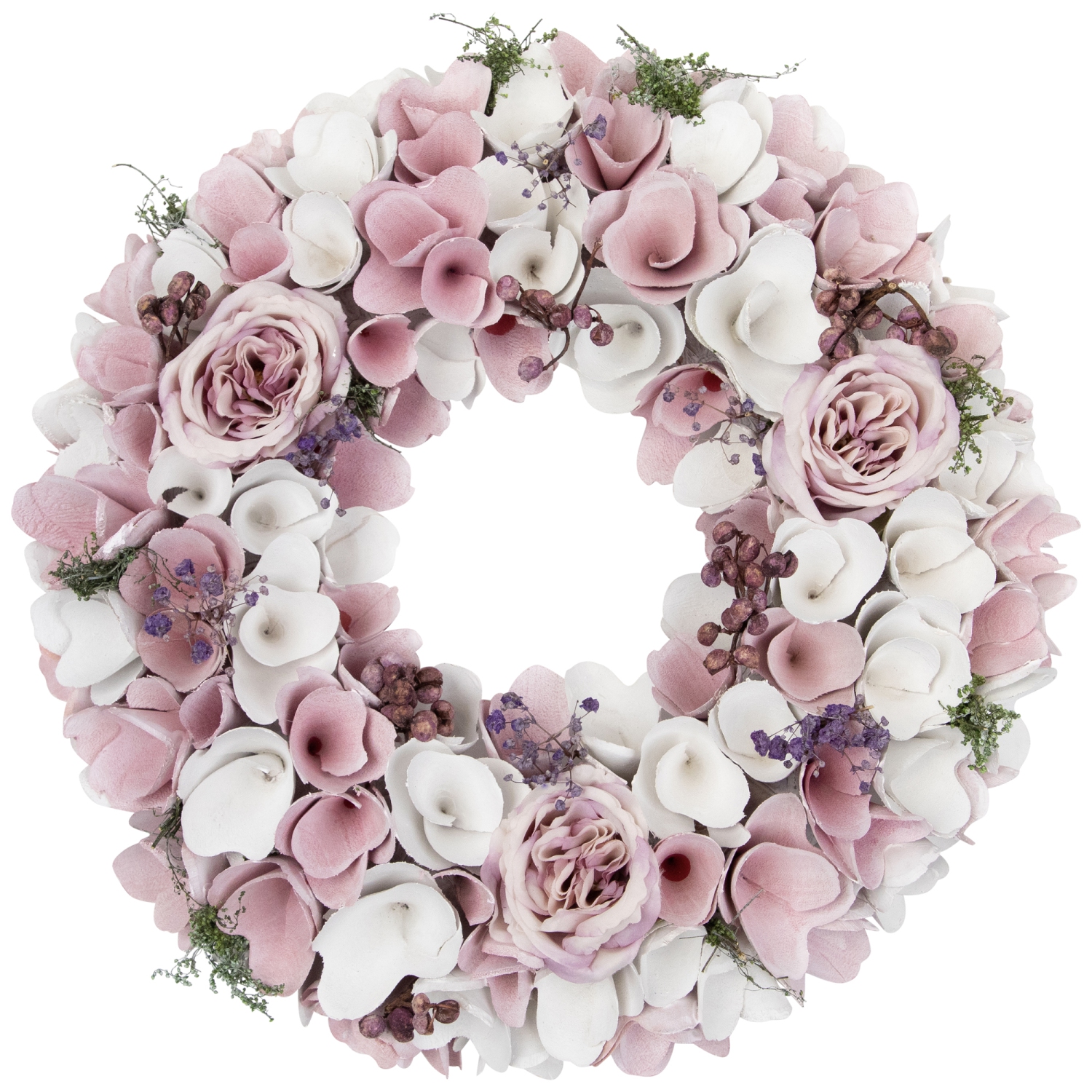 Wooden Floral Artificial Spring Wreath with Berries - 13.5" - Pink and White