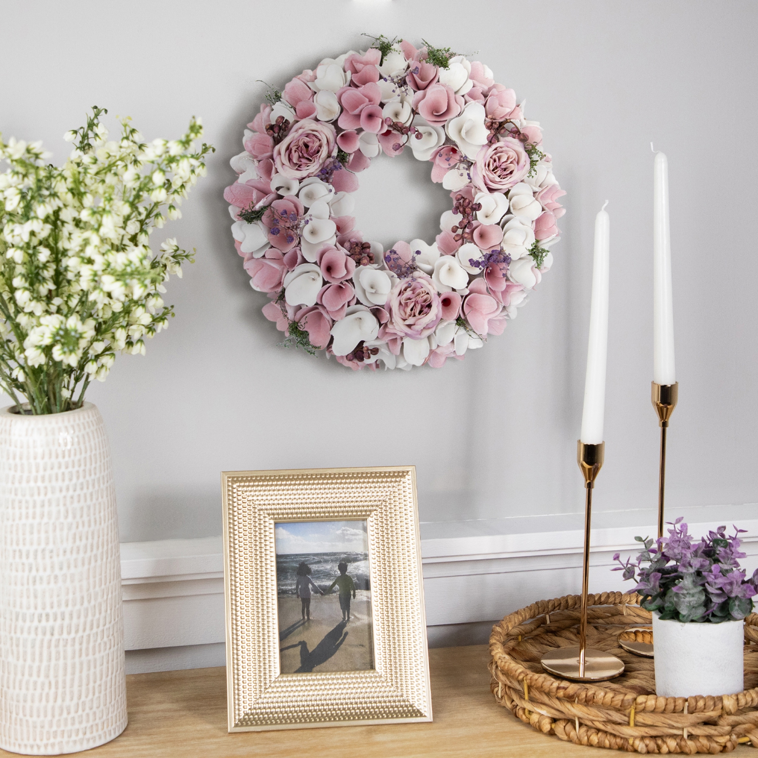 Wooden Floral Artificial Spring Wreath with Berries - 13.5" - Pink and White