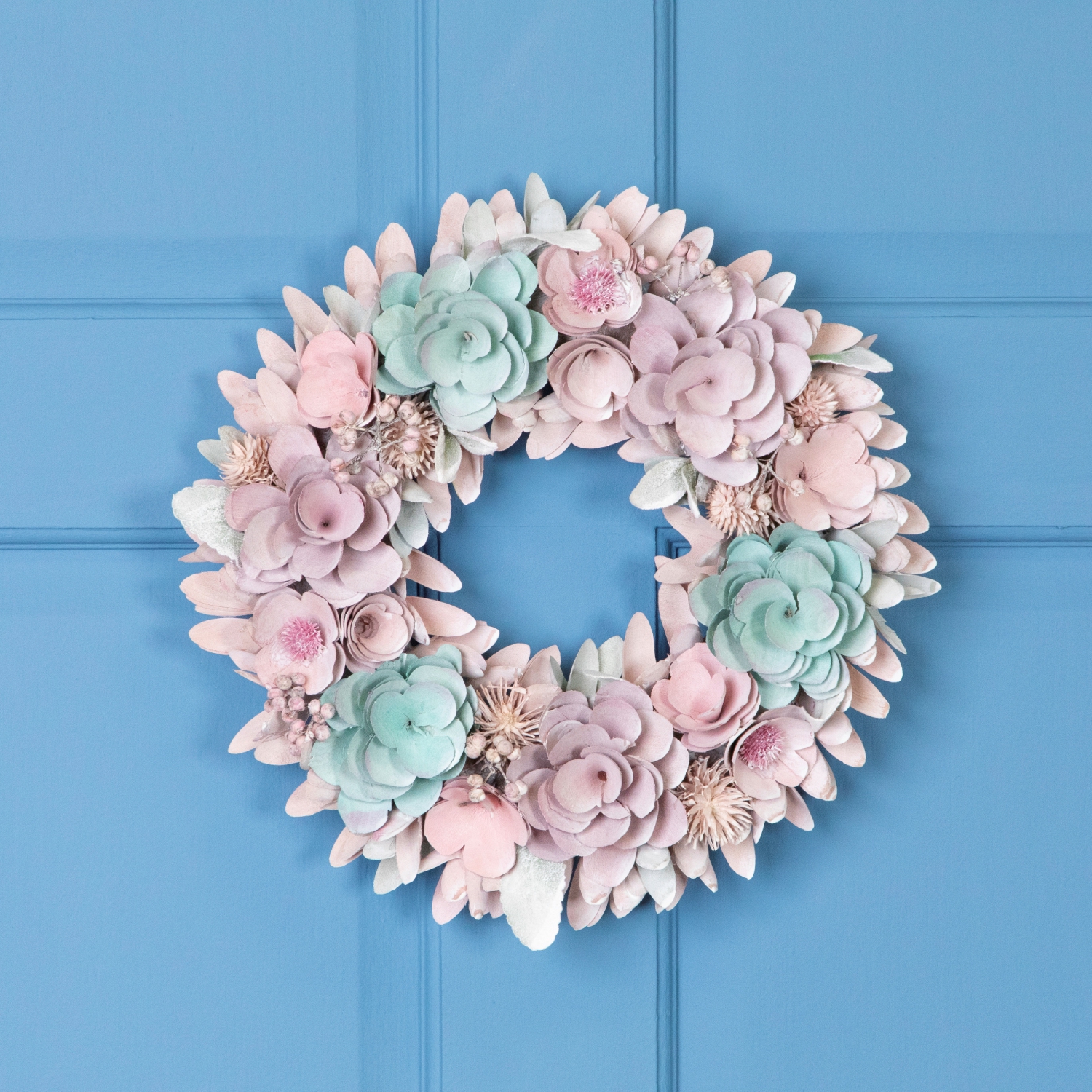 Wooden Floral Artificial Spring Wreath with Thistles - 13.5" - Pink and Blue