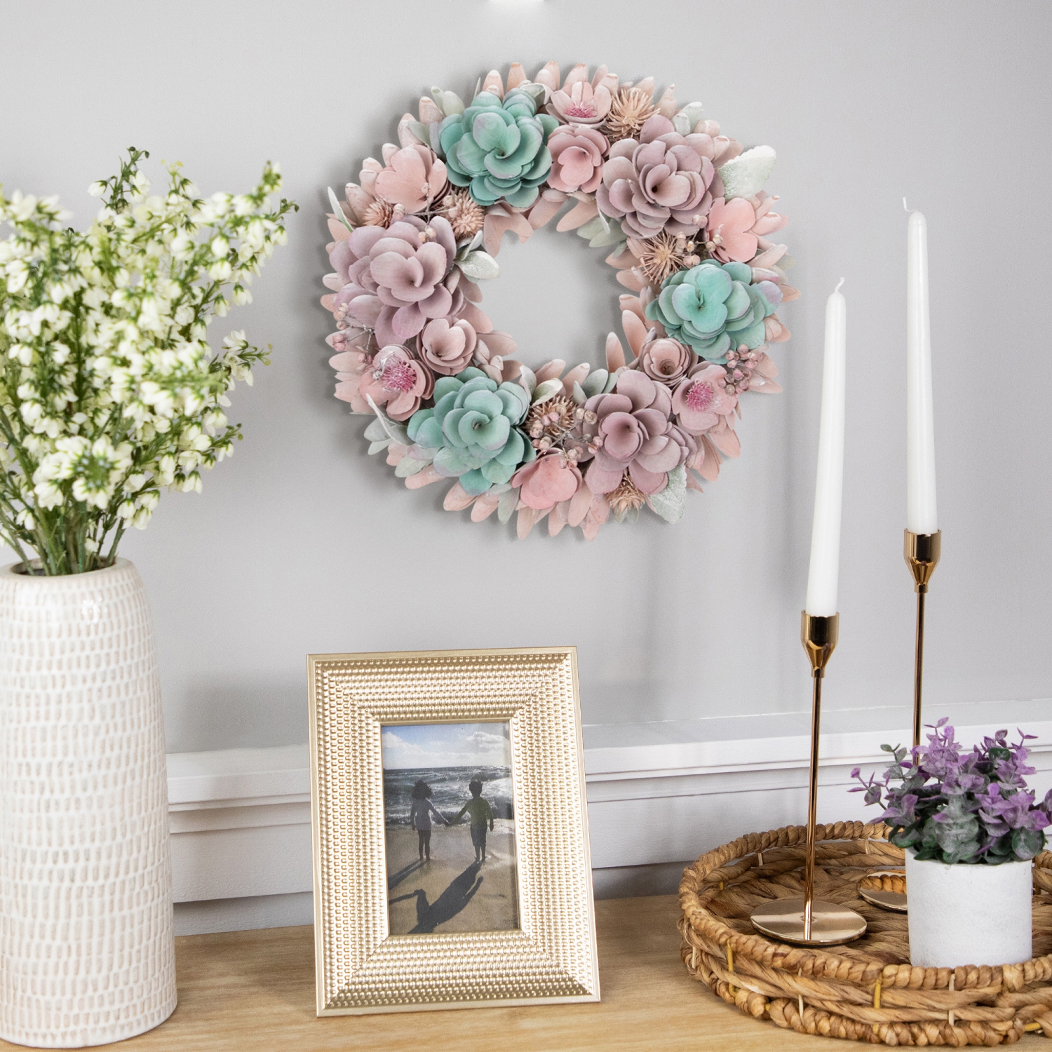 Wooden Floral Artificial Spring Wreath with Thistles - 13.5" - Pink and Blue