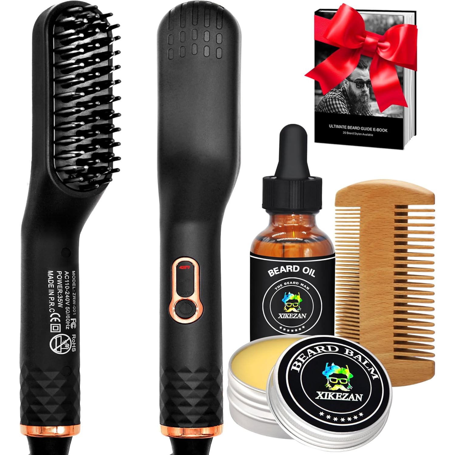 Beard Straightener w/Beard Balm & Beard Growth Oil & Beard Guide E-Book,Upgraded 3 in 1 Hair Straightener Brush Beard Straightening Comb,Unique