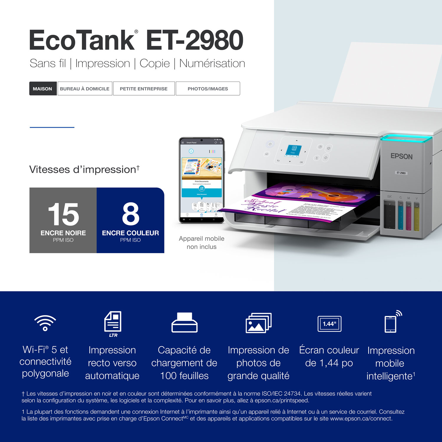 Imprimante à jet encre tout-en-un sans fil Supertank EcoTank ET-2980 d'Epson - Blanc