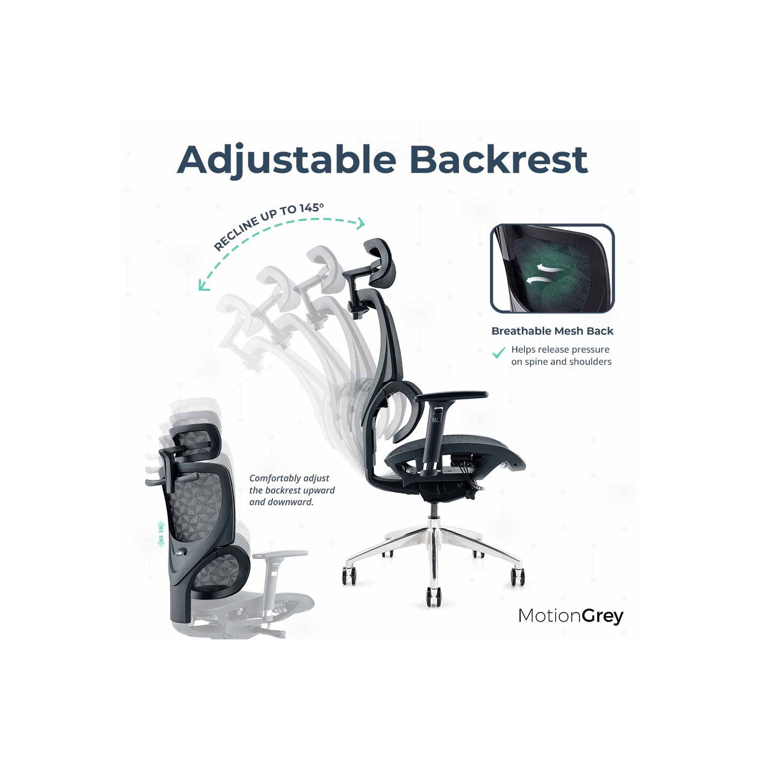 MotionGrey - Fauteuil de bureau ergonomique SpaceMesh - Dossier haut confortable en filet avec accoudoirs réglables - Chaises d'ordinateur noires
