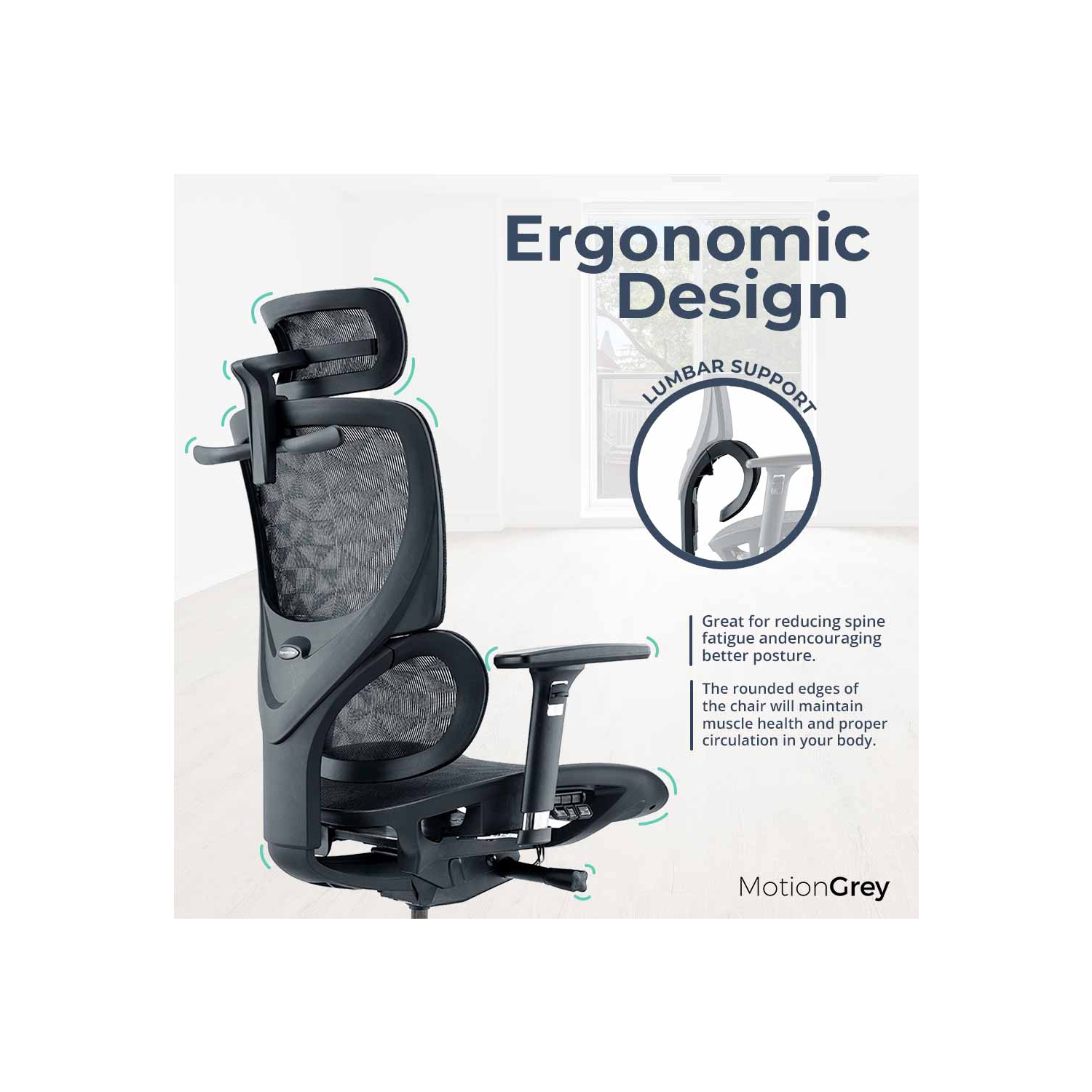 MotionGrey - Fauteuil de bureau ergonomique SpaceMesh - Dossier haut confortable en filet avec accoudoirs réglables - Chaises d'ordinateur noires