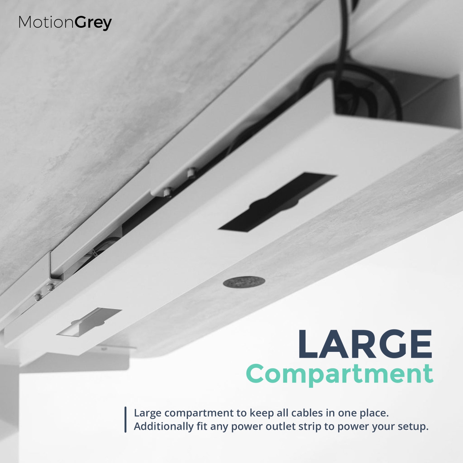 MotionGrey Under Desk Cord Management Cable Tray Organizer for Work Computer Tables, Home and Office Sit-Stand Desks - White Color