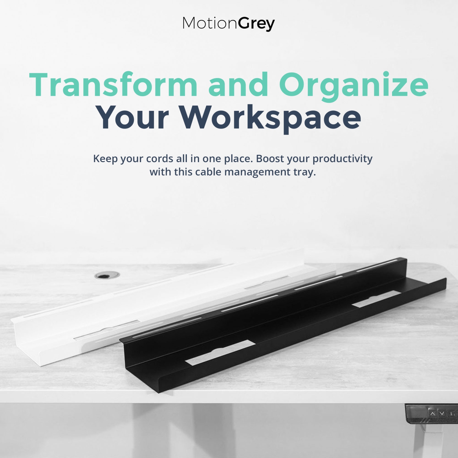 MotionGrey Under Desk Cord Management Cable Tray Organizer for Work Computer Tables, Home and Office Sit-Stand Desks - White Color
