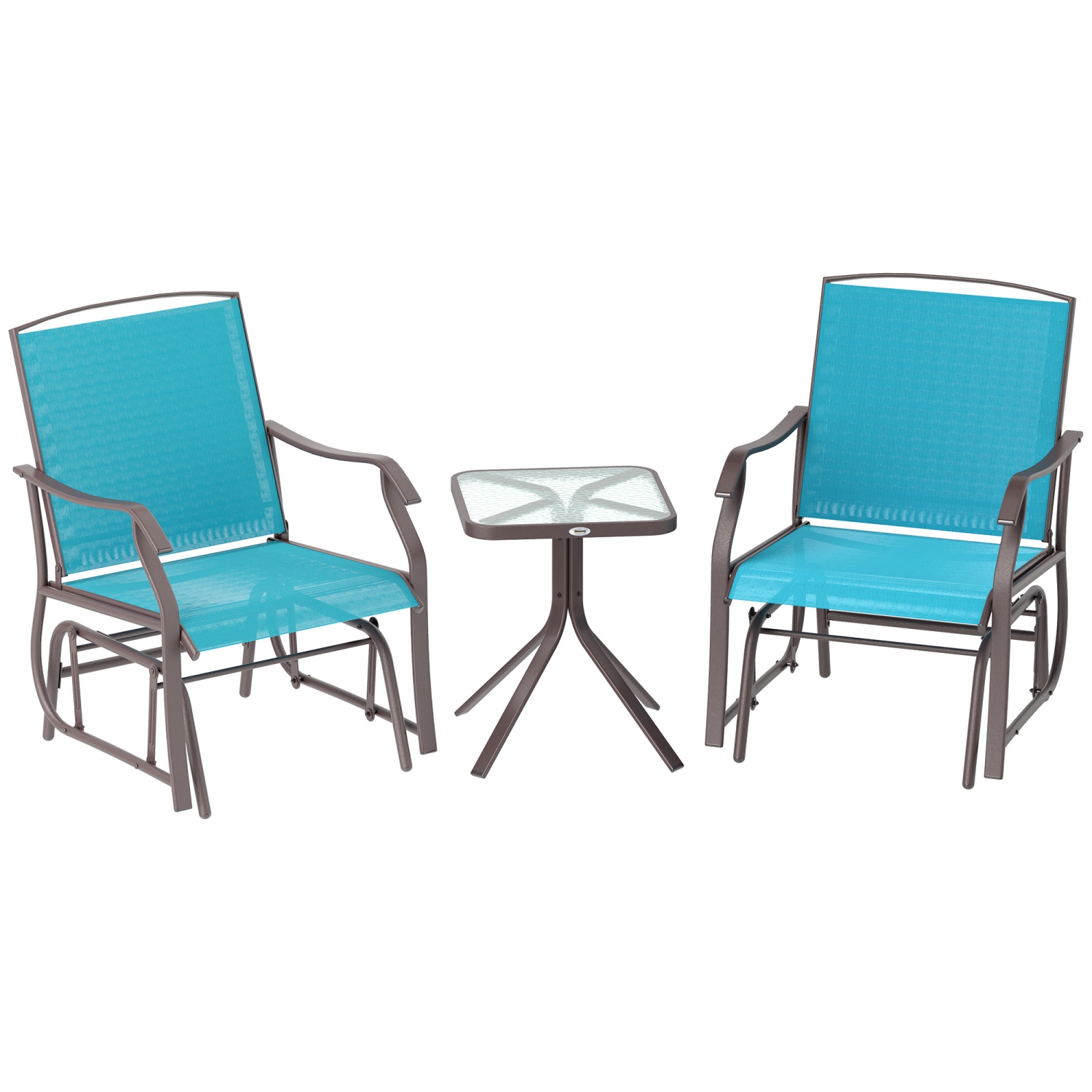 Outsunny 3 Piece Patio Glider Set, Outdoor Gliders with Glass Top Table, Breathable Mesh Seat, or Garden, Country Yard, Porch, Blue