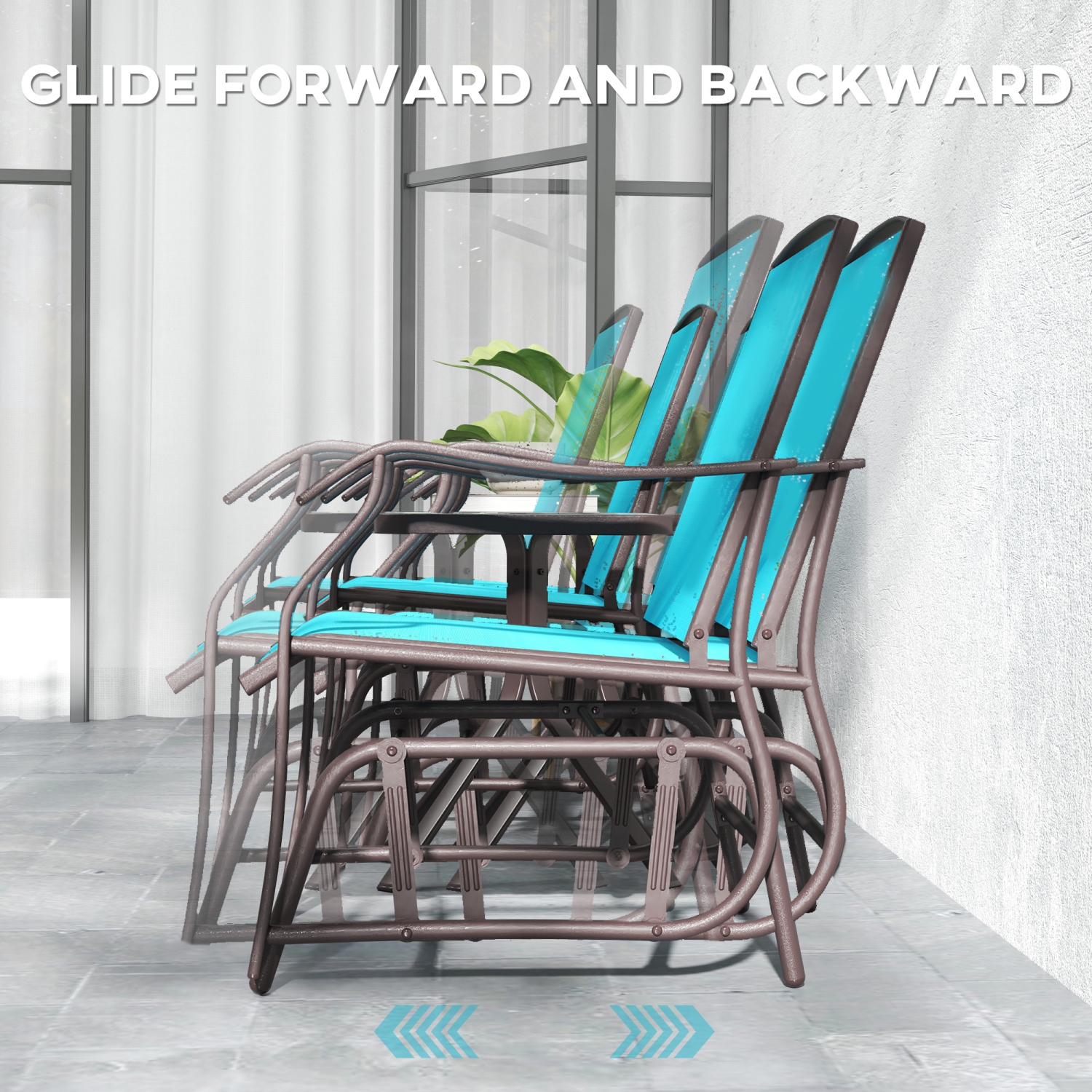 Outsunny 3 Piece Patio Glider Set, Outdoor Gliders with Glass Top Table, Breathable Mesh Seat, or Garden, Country Yard, Porch, Blue