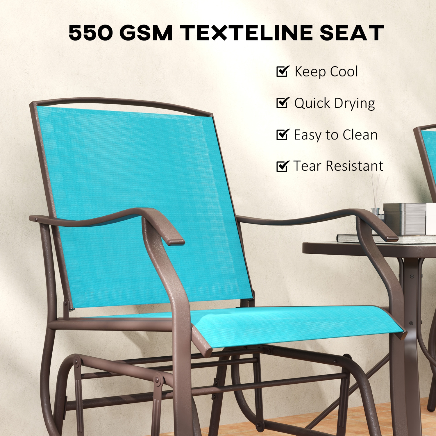 Outsunny 3 Piece Patio Glider Set, Outdoor Gliders with Glass Top Table, Breathable Mesh Seat, or Garden, Country Yard, Porch, Blue