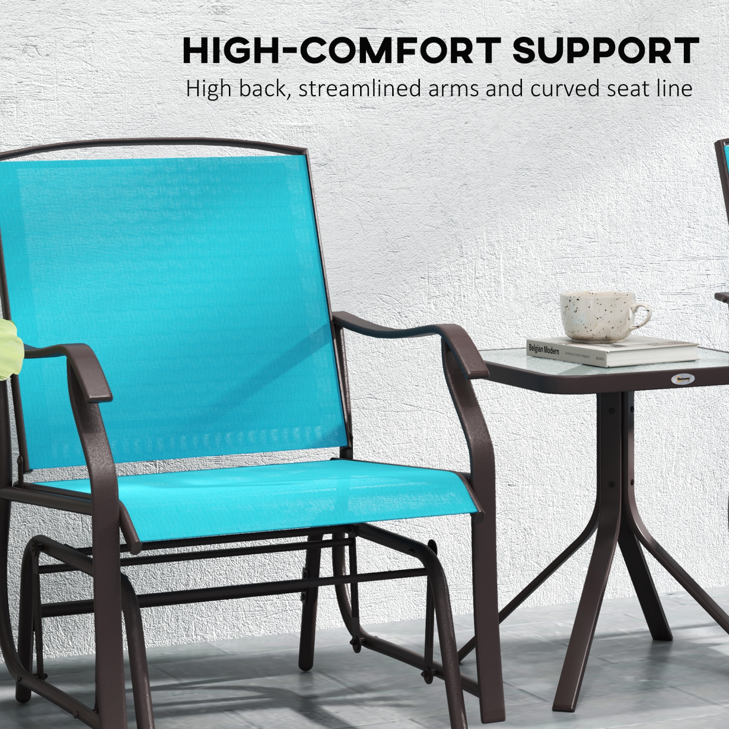 Outsunny 3 Piece Patio Glider Set, Outdoor Gliders with Glass Top Table, Breathable Mesh Seat, or Garden, Country Yard, Porch, Blue