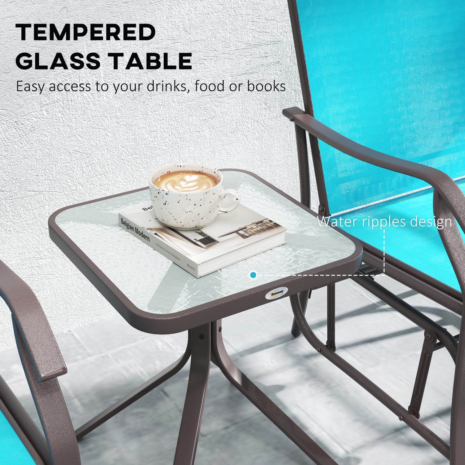 Outsunny 3 Piece Patio Glider Set, Outdoor Gliders with Glass Top Table, Breathable Mesh Seat, or Garden, Country Yard, Porch, Blue