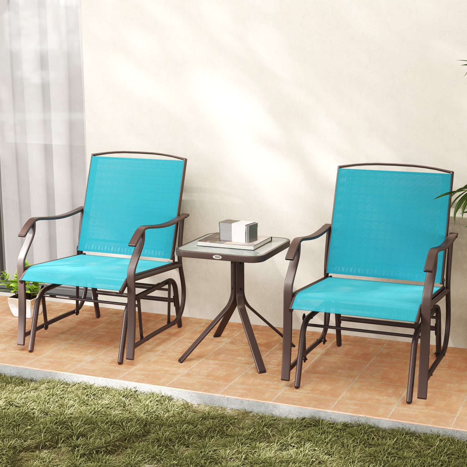 Outsunny 3 Piece Patio Glider Set, Outdoor Gliders with Glass Top Table, Breathable Mesh Seat, or Garden, Country Yard, Porch, Blue