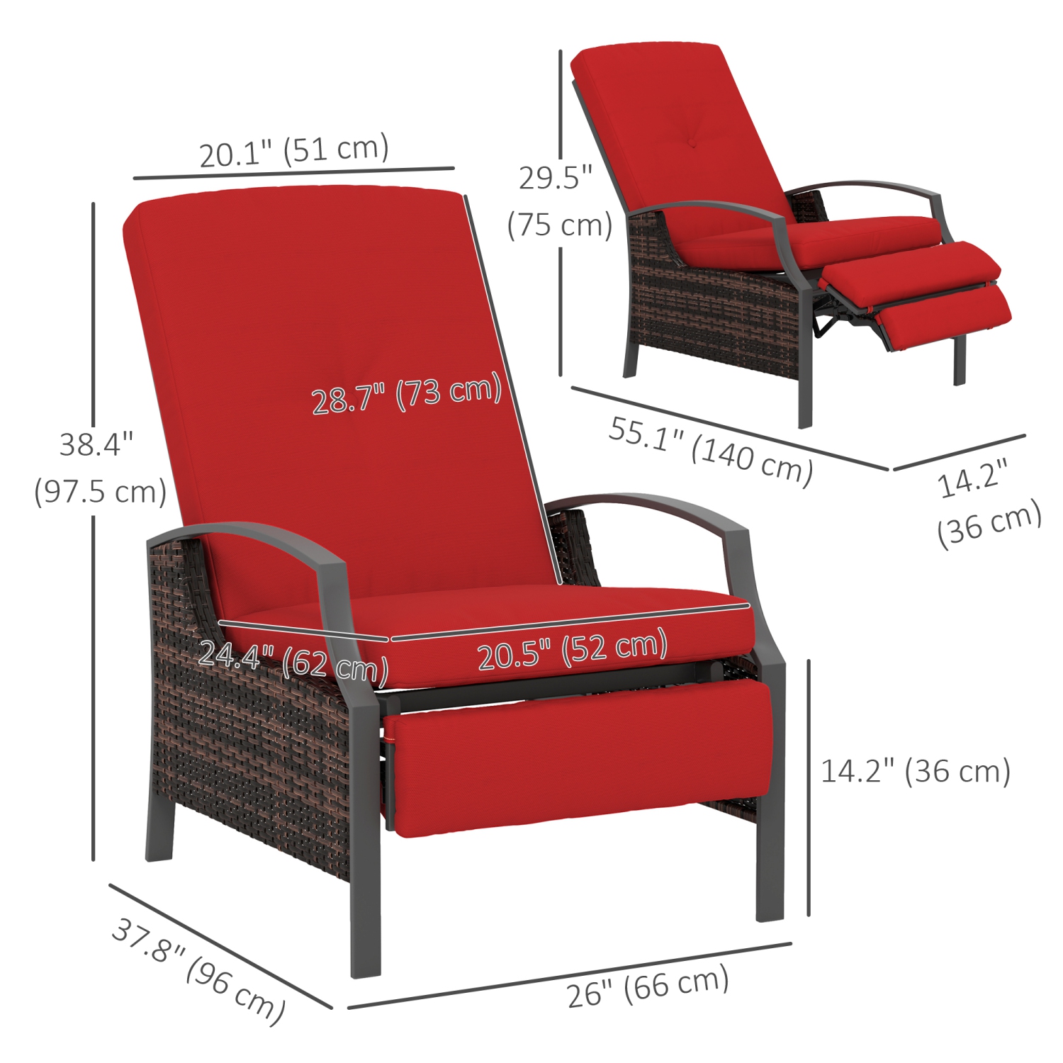 Outsunny PE Rattan Outdoor Recliner Chair, Wicker Patio Lounge Chair with Adjustable Backrest, Retractable Footrest and Cushion, Wine Red