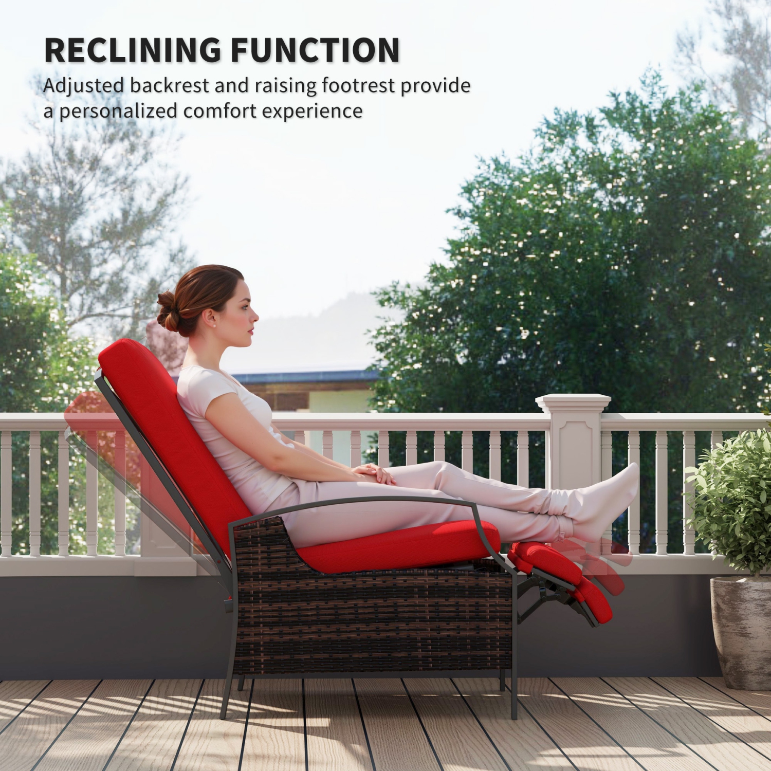 Outsunny PE Rattan Outdoor Recliner Chair, Wicker Patio Lounge Chair with Adjustable Backrest, Retractable Footrest and Cushion, Wine Red