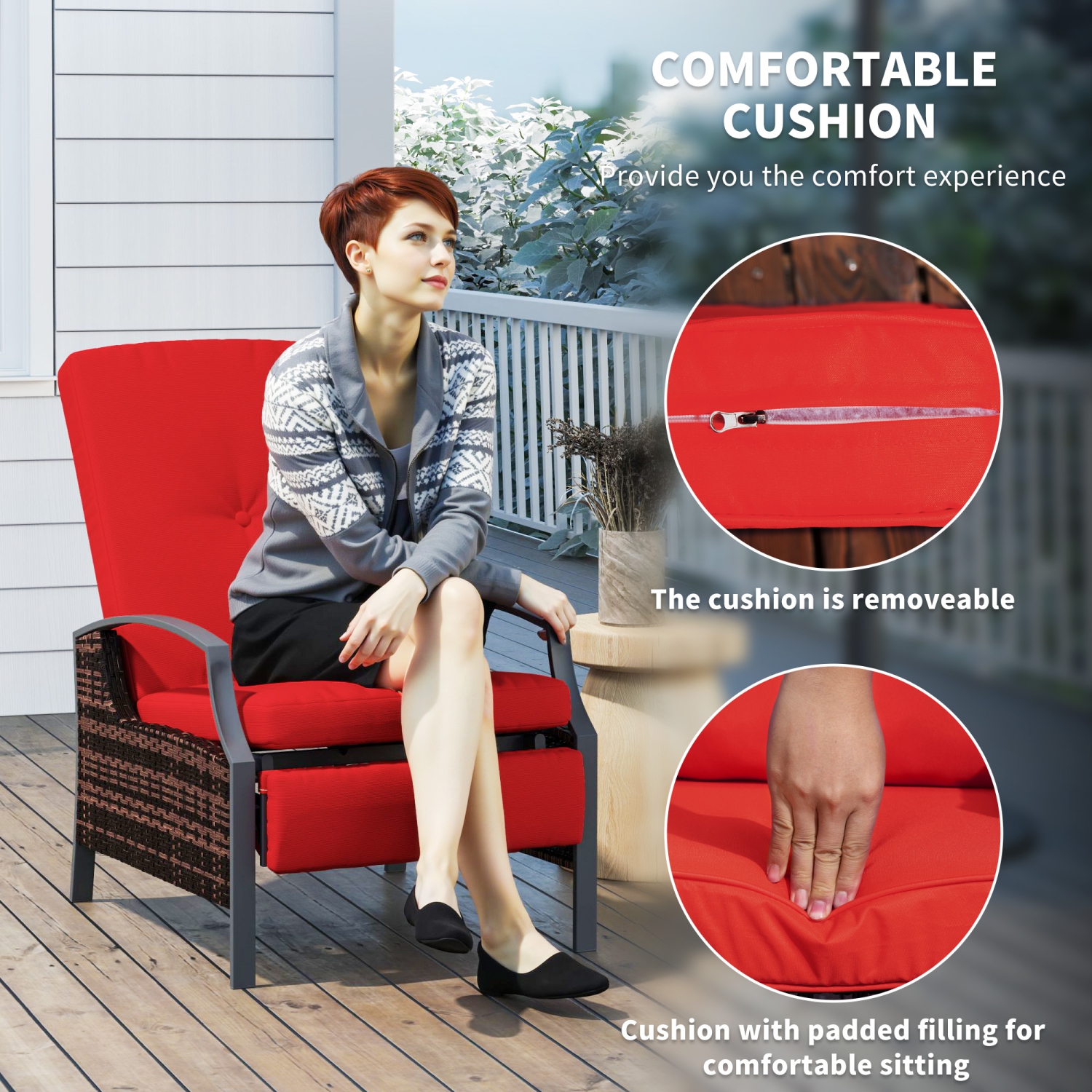 Outsunny PE Rattan Outdoor Recliner Chair, Wicker Patio Lounge Chair with Adjustable Backrest, Retractable Footrest and Cushion, Wine Red