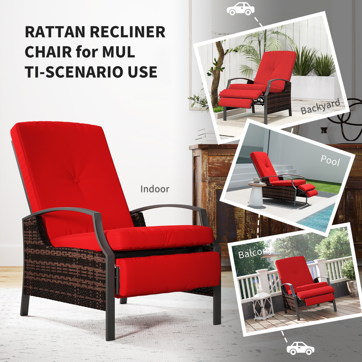Outsunny PE Rattan Outdoor Recliner Chair, Wicker Patio Lounge Chair with Adjustable Backrest, Retractable Footrest and Cushion, Wine Red