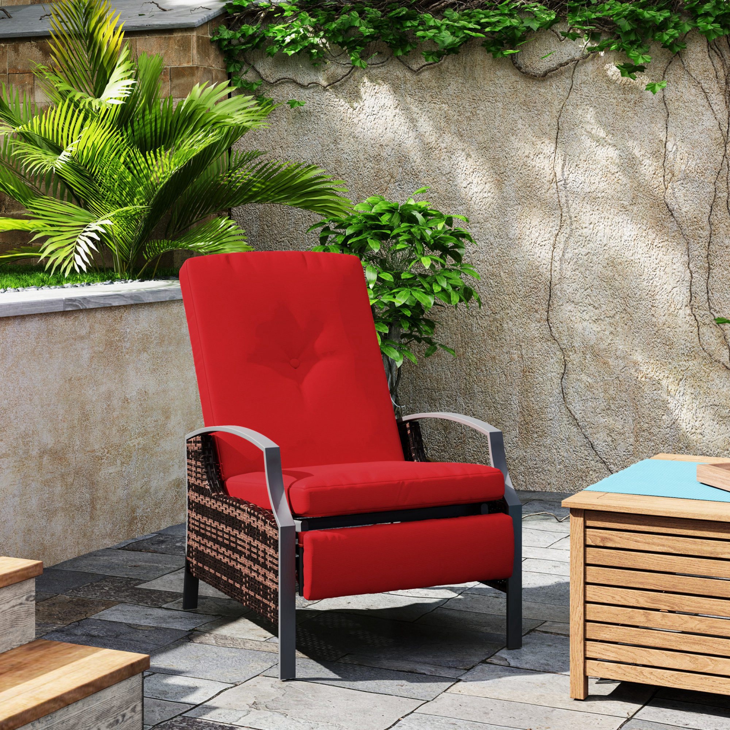 Outsunny PE Rattan Outdoor Recliner Chair, Wicker Patio Lounge Chair with Adjustable Backrest, Retractable Footrest and Cushion, Wine Red