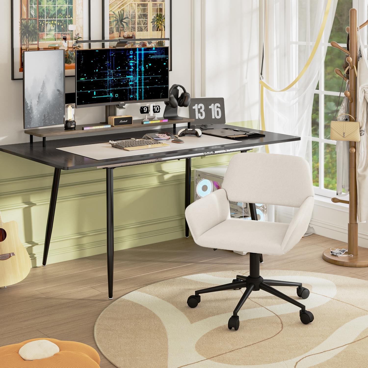 Homy Casa Home Office Chair - Fabric Upholstered Rolling Chair Height Adjustable Swivel Vanity Chair for Office Bedroom Vanity Room, Beige Chenille