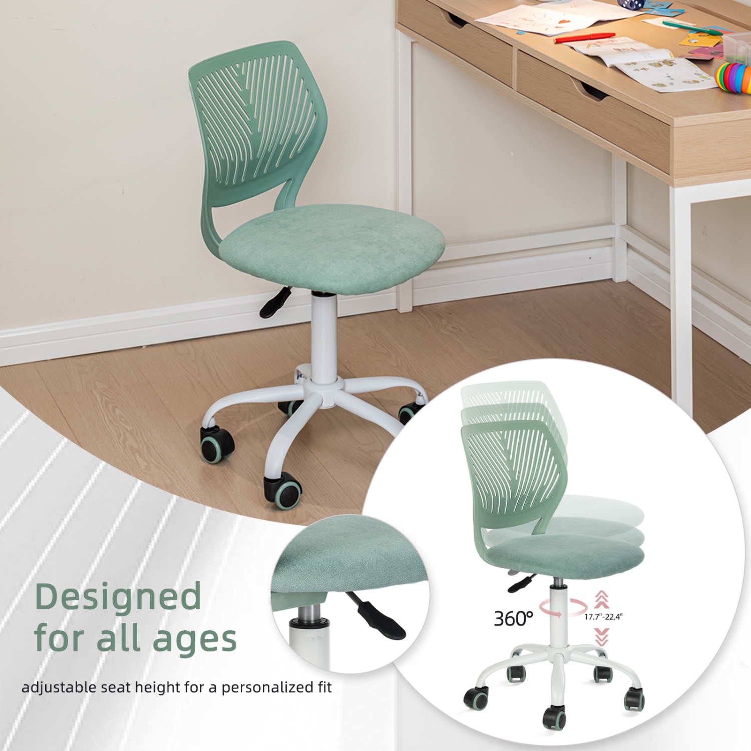 Homy Casa – Chaise fonctionnelle ajustable avec dossier ergonomique, roulettes souples, turquoise