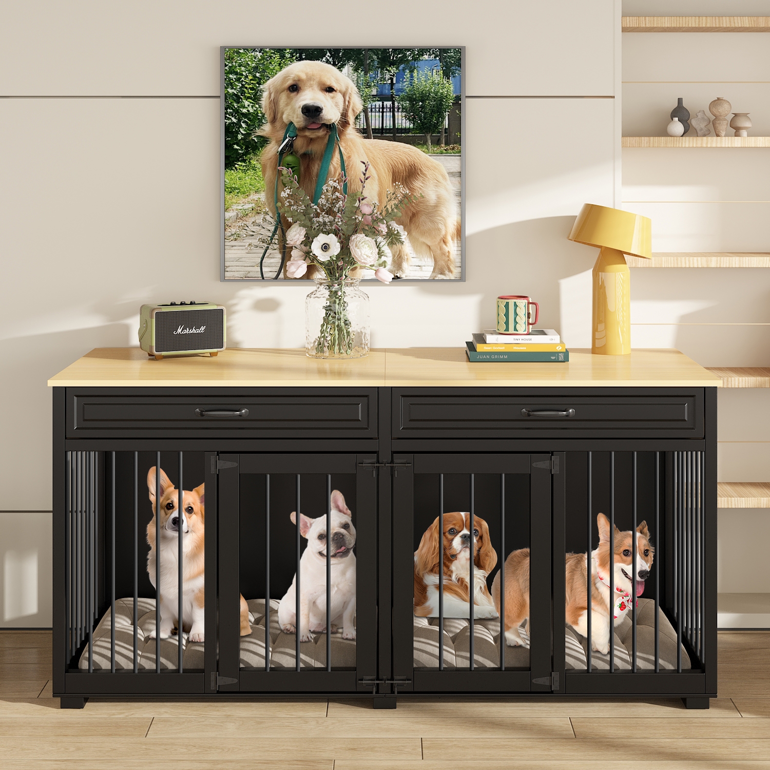 Homsee – Armoire élégante à deux portes pour chiens avec deux tiroirs et compartiments spacieux,, noir