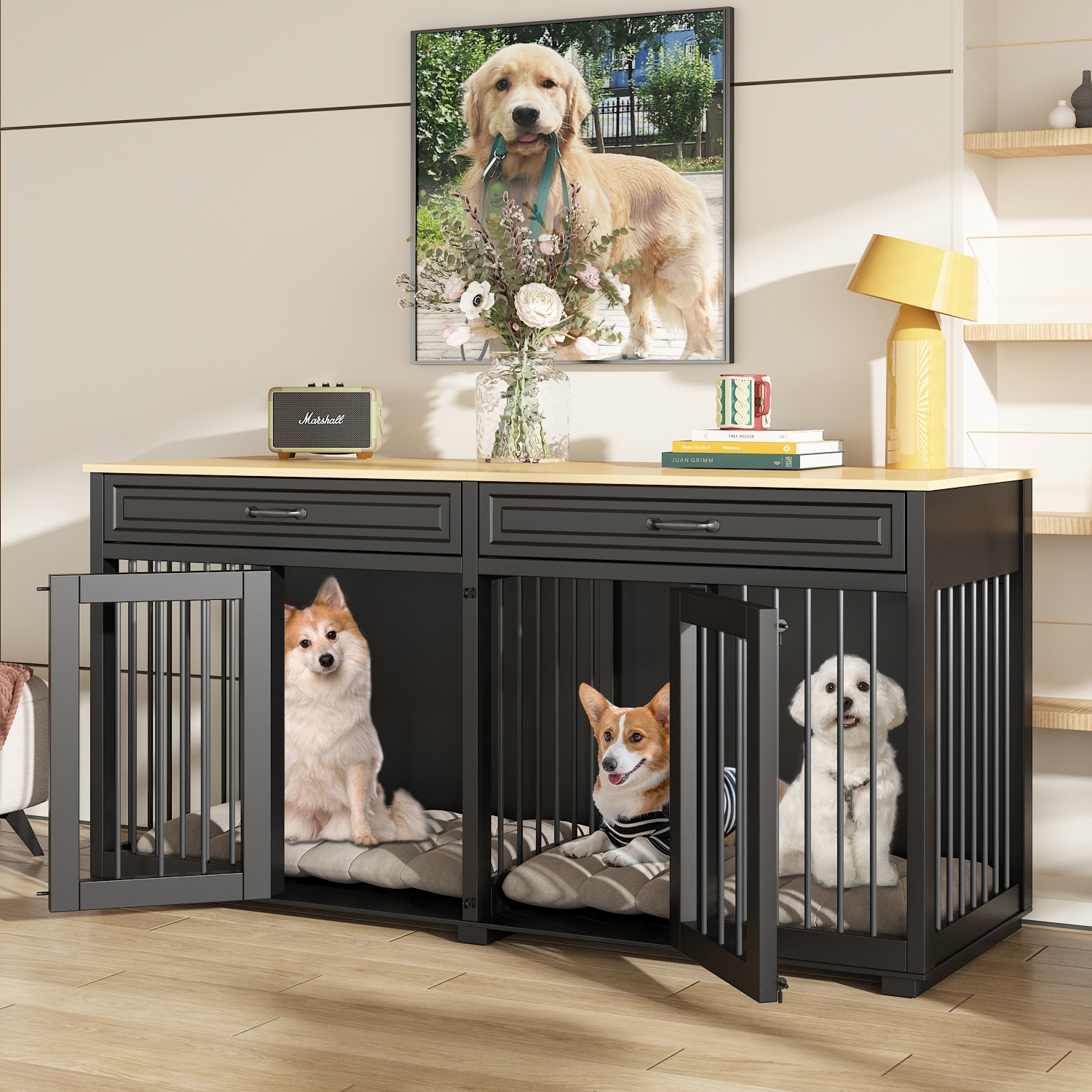 Homsee – Armoire élégante à deux portes pour chiens avec deux tiroirs et compartiments spacieux,, noir